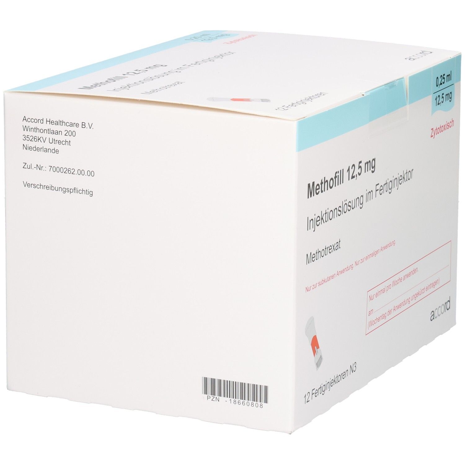 Verpackung Methofill 12,5 mg Injektionslösung. Enthält 12 Fertigjektoren. Accord Healthcare.