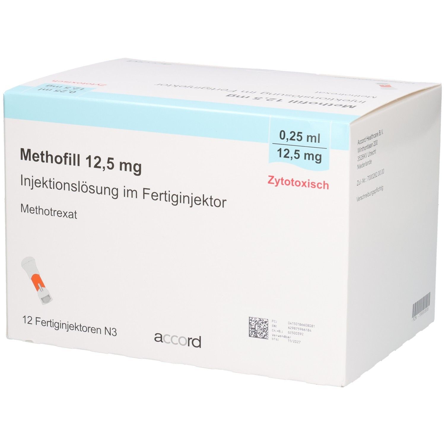 Methofill 12,5 mg Injektionslösung im Fertigjektor, 12 Stück. Zytotoxisch. Accord.