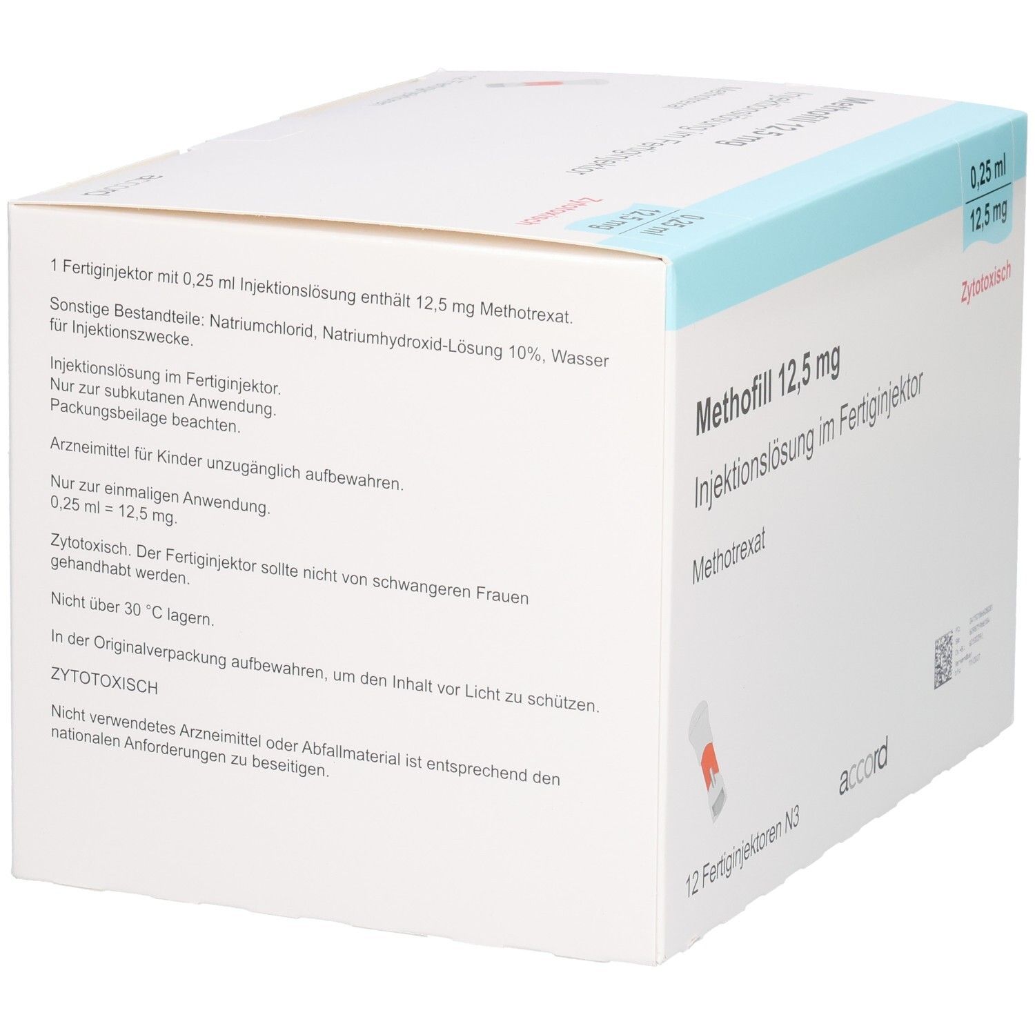 Methofill 12,5 mg Injektionslösung. 1 Fertigjektor enthält 0,25 ml mit 12,5 mg Methotrexat. Zytotoxisch.