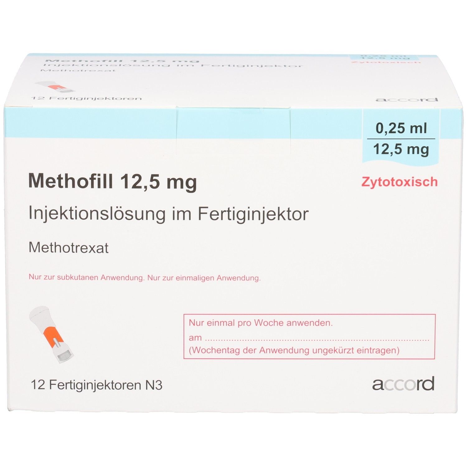 Methofill 12,5 mg Injektionslösung im Fertigjektor. 12 Fertigjektoren N3. Zytotoxisch.