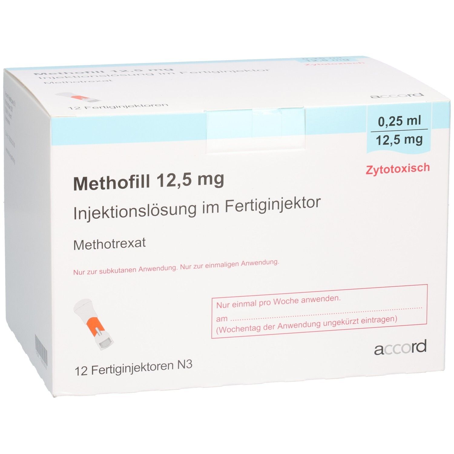 Methofill 12,5 mg Injektionslösung im Fertigjektor. 12 Fertigjektoren N3. Accord.