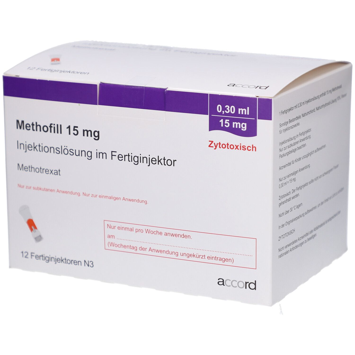 Schachtel mit METHOFILL 15 mg Injektionslösung. Enthält 12 Fertiginjektoren. Aufschrift: Zytotoxisch. Marke: accord.