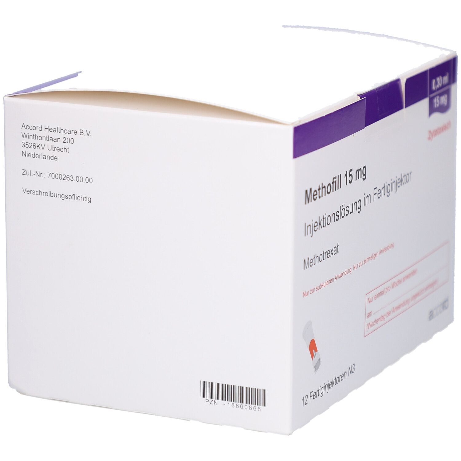 Weiße Schachtel mit METHOFILL 15 mg. Aufschrift: Injektionslösung im Fertiginjektor. Marke: accord. Barcode und Adresse.