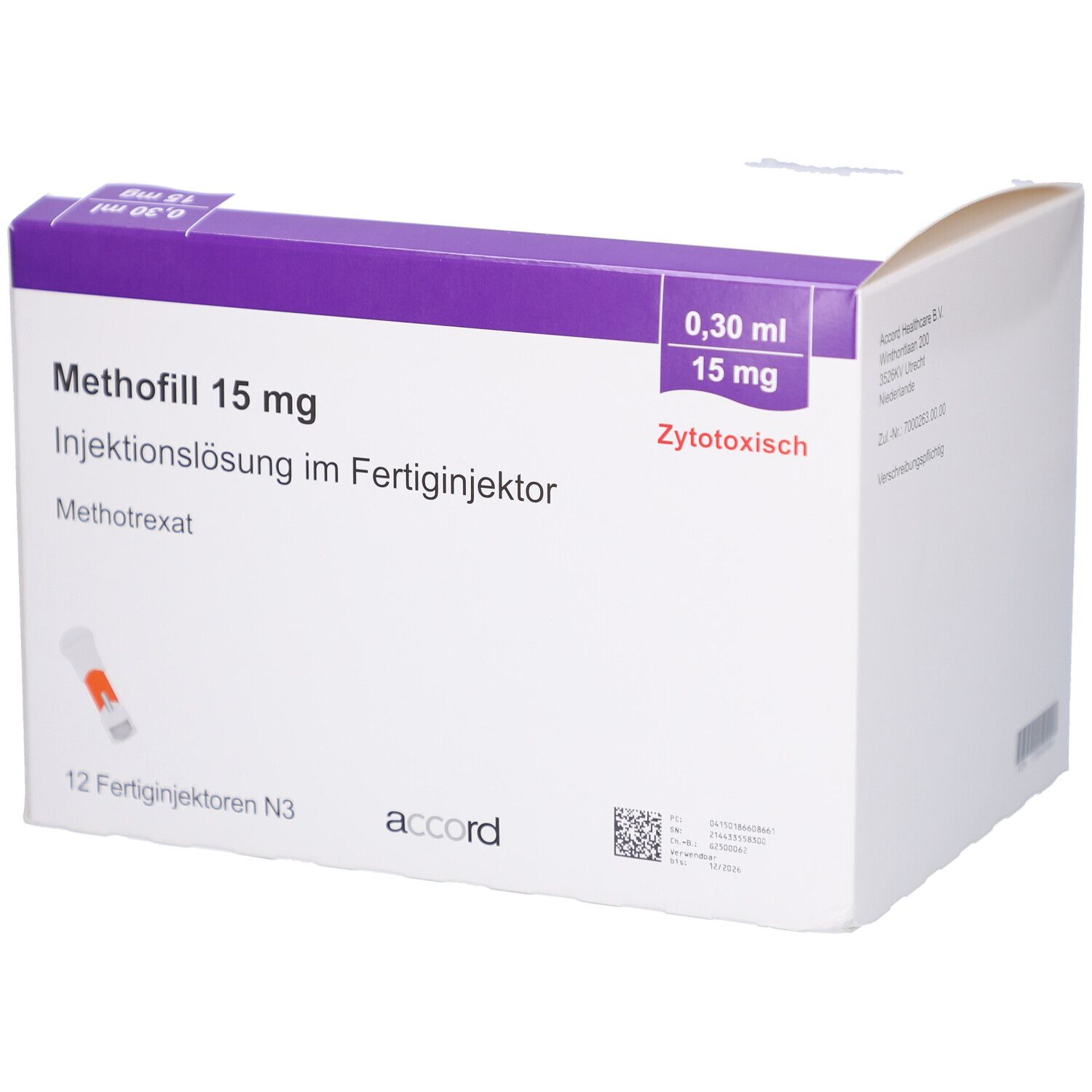 Schachtel mit METHOFILL 15 mg Injektionslösung. Enthält 12 Fertiginjektoren. Aufschrift: Zytotoxisch. Marke: accord.