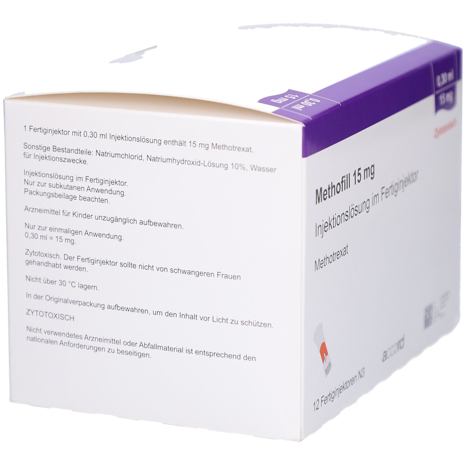 Schachtel mit METHOFILL 15 mg. Enthält 12 Fertiginjektoren. Aufschrift: Zytotoxisch. Inhaltsangabe und Gebrauchsanweisung.