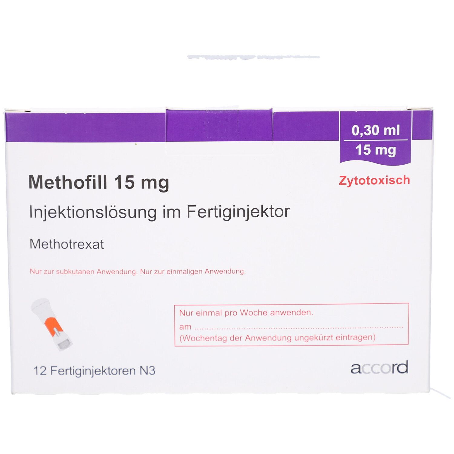 Schachtel mit METHOFILL 15 mg Injektionslösung. Enthält 12 Fertiginjektoren. Aufschrift: Zytotoxisch. Marke: accord.