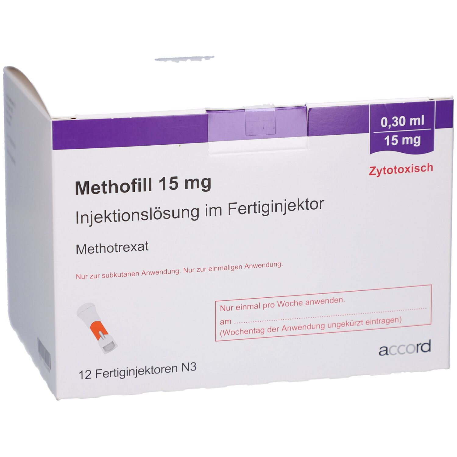 Schachtel mit METHOFILL 15 mg Injektionslösung. Enthält 12 Fertiginjektoren. Aufschrift: Zytotoxisch. Marke: accord.