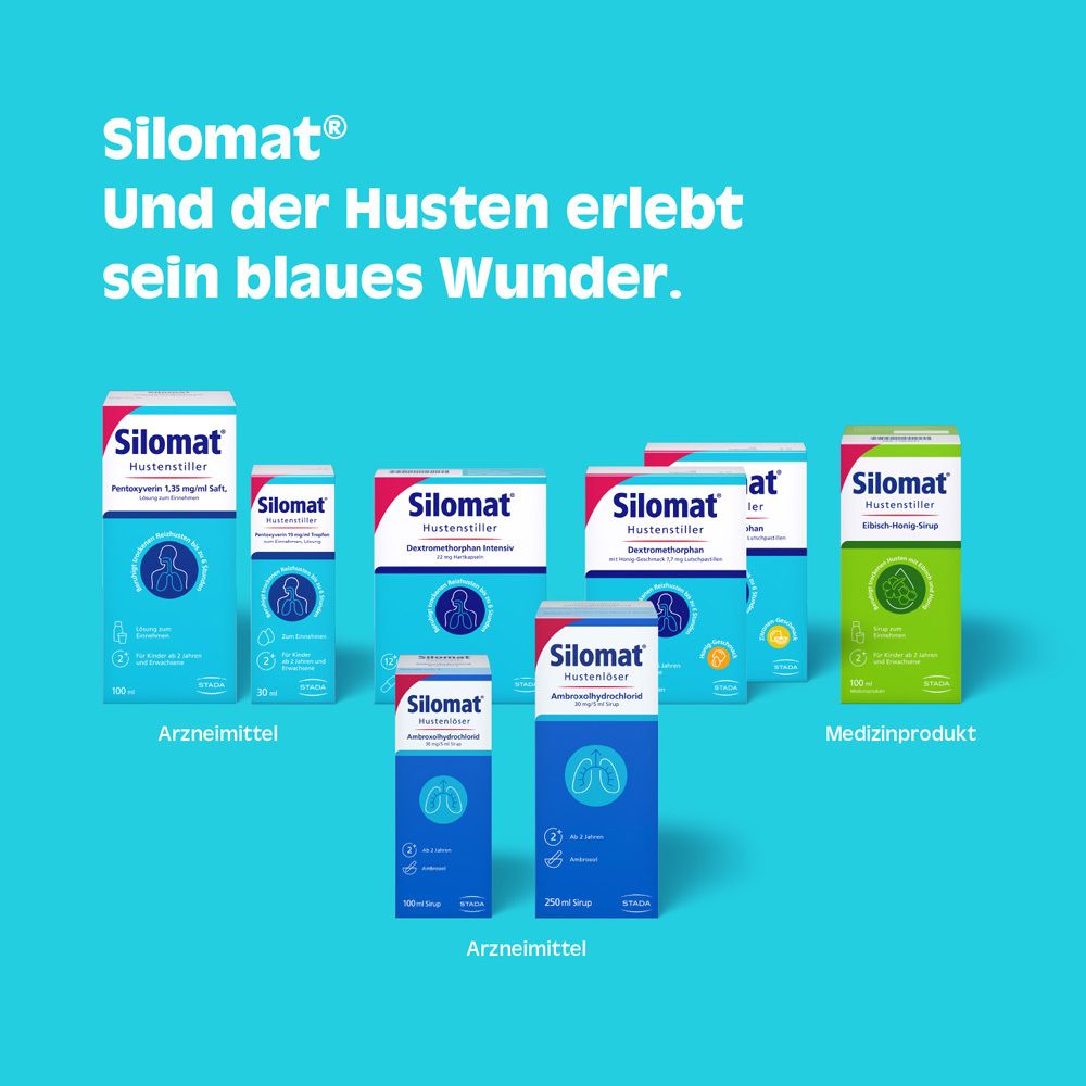 Verschiedene Silomat-Produkte. Text: Und der Husten erlebt sein blaues Wunder. Arznei- und Medizinprodukte.