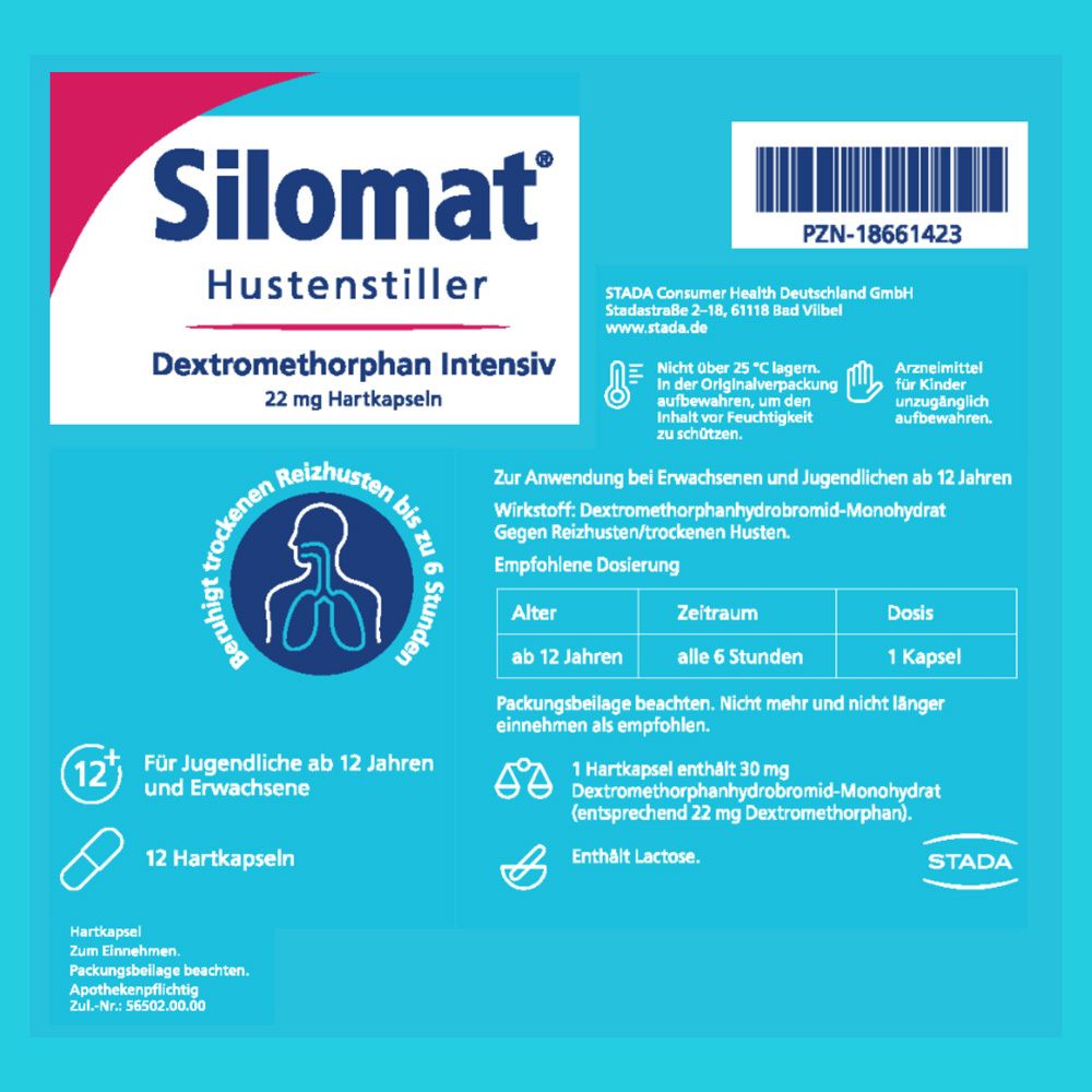Packungsbeilage SILOMAT Hustenstiller. Informationen zu Dosierung, Inhaltsstoffen und Anwendung. STADA.