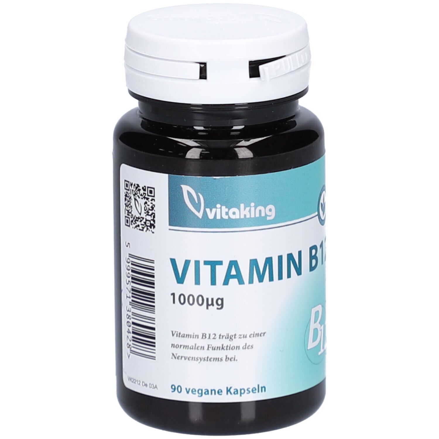 Dunkle Flasche mit weißem Deckel. Aufschrift: Vitamin B12 1000µg, 90 vegane Kapseln. Marke: Vitaking.