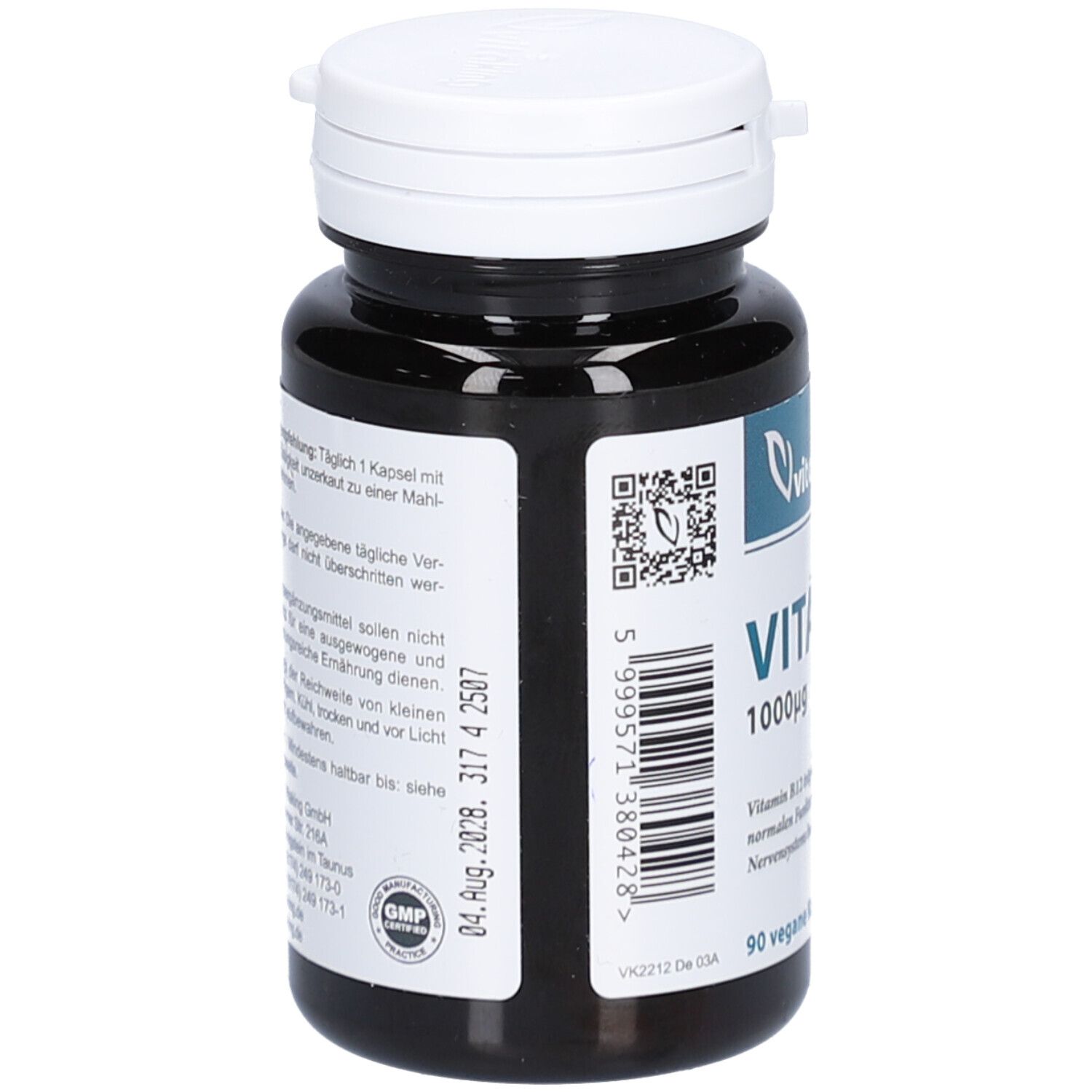 Dunkle Flasche mit weißem Deckel. Rückseite mit Text und QR-Code. Aufschrift: Vitamin B12, 90 vegane Kapseln. Marke: Vitaking.