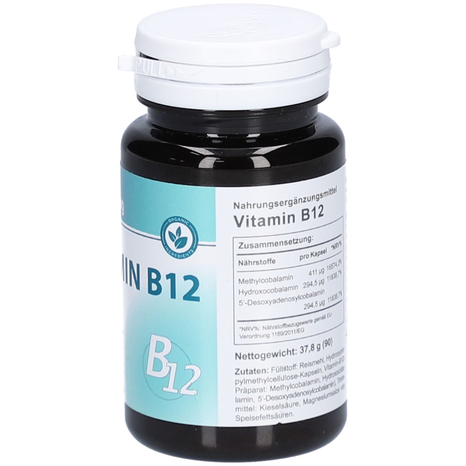 Dunkle Flasche mit weißem Deckel. Text über Nährwertangaben und Inhaltsstoffe. Marke: Vitaking.