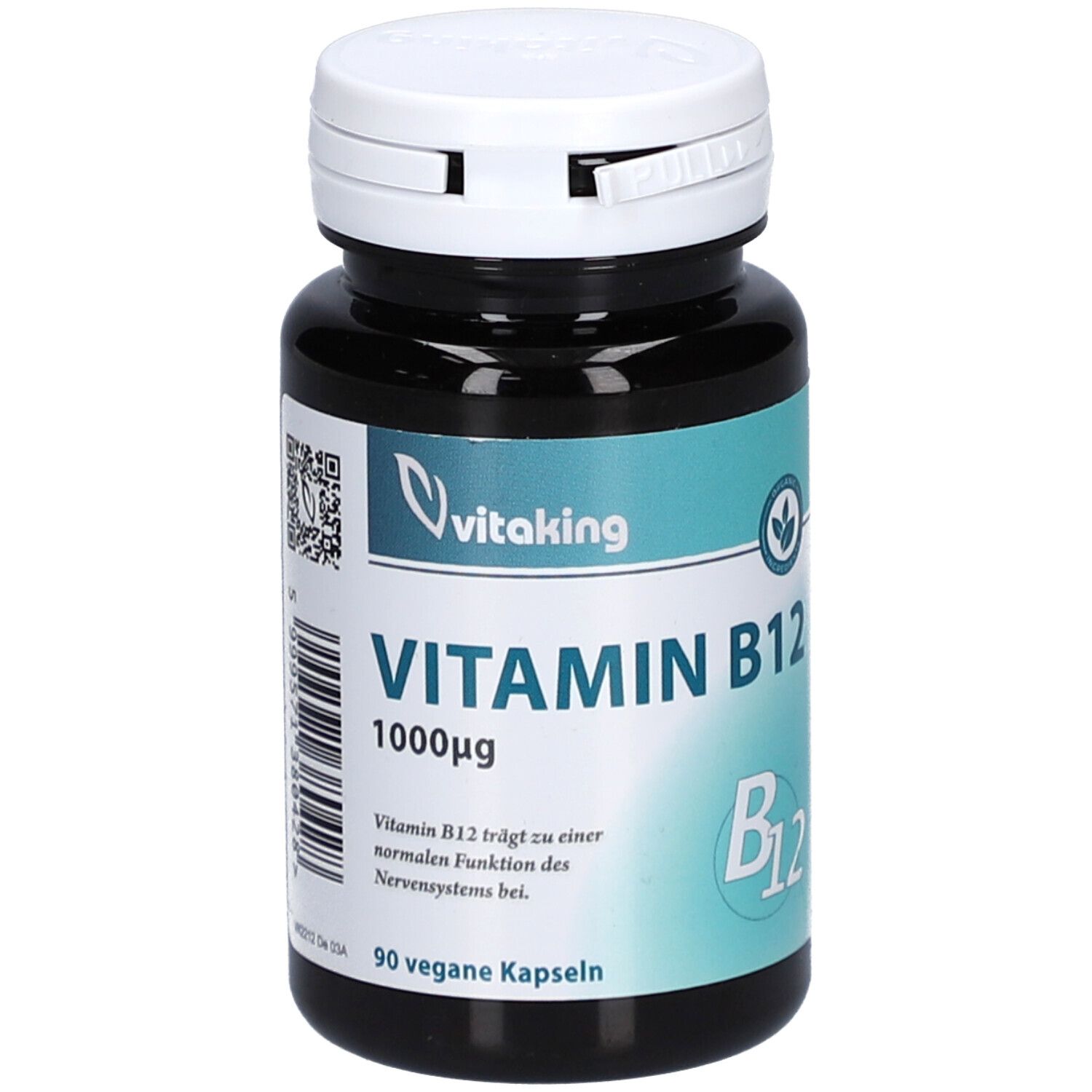 Dunkle Flasche mit weißem Deckel. Aufschrift: Vitamin B12 1000µg, 90 vegane Kapseln. Marke: Vitaking.