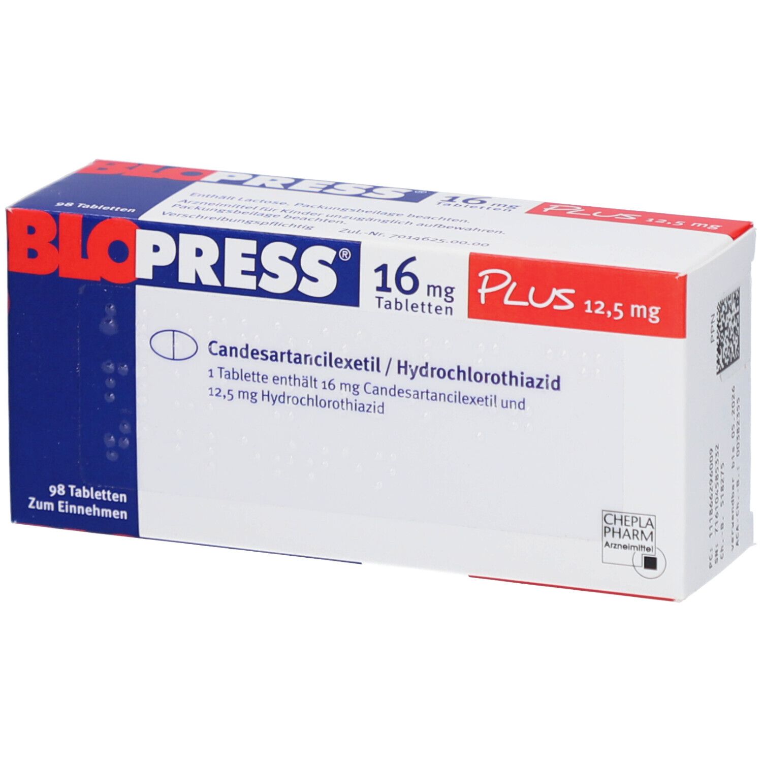 Blopress 16 mg Plus 12,5 mg Tabletten. Weiße Schachtel mit Produktnamen, Dosierung und Inhaltsstoffen. 98 Tabletten.