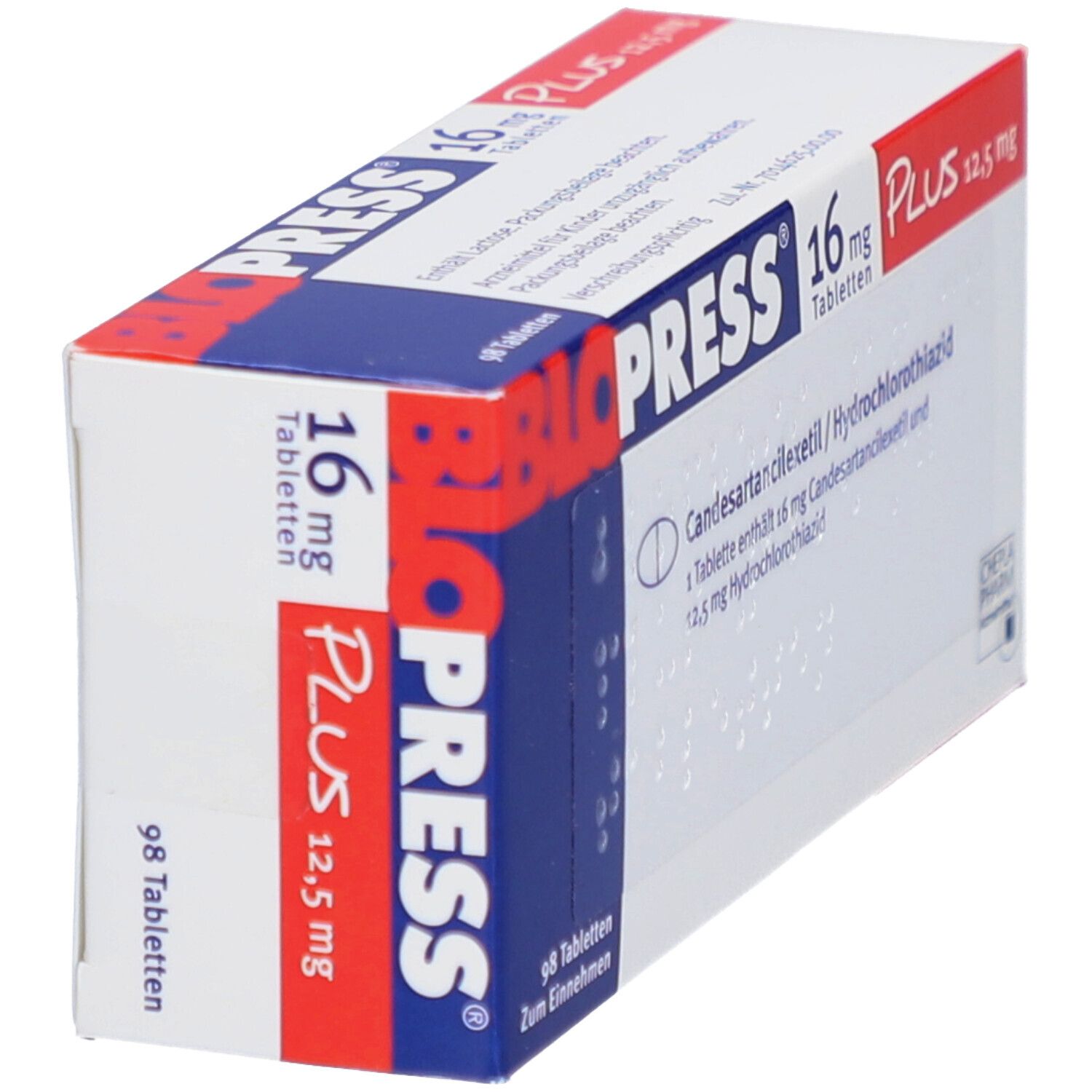 Blopress 16 mg Plus 12,5 mg Tabletten. Schachtel schräg. Produktname, Dosierung und Inhaltsstoffe sichtbar. 98 Tabletten.