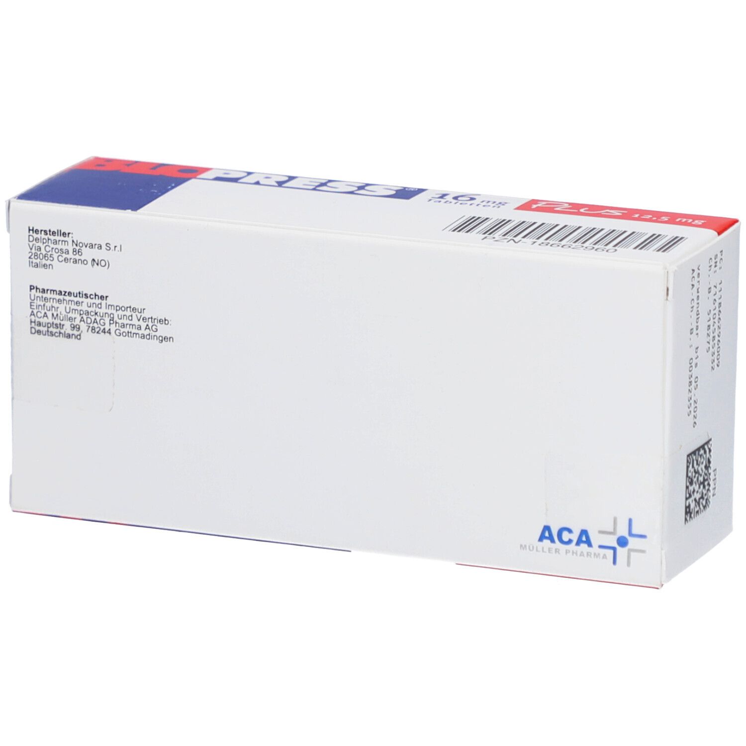 Rückseite der Blopress 16 mg Plus 12,5 mg Tabletten-Schachtel. Herstellerinformationen und Barcode sichtbar.