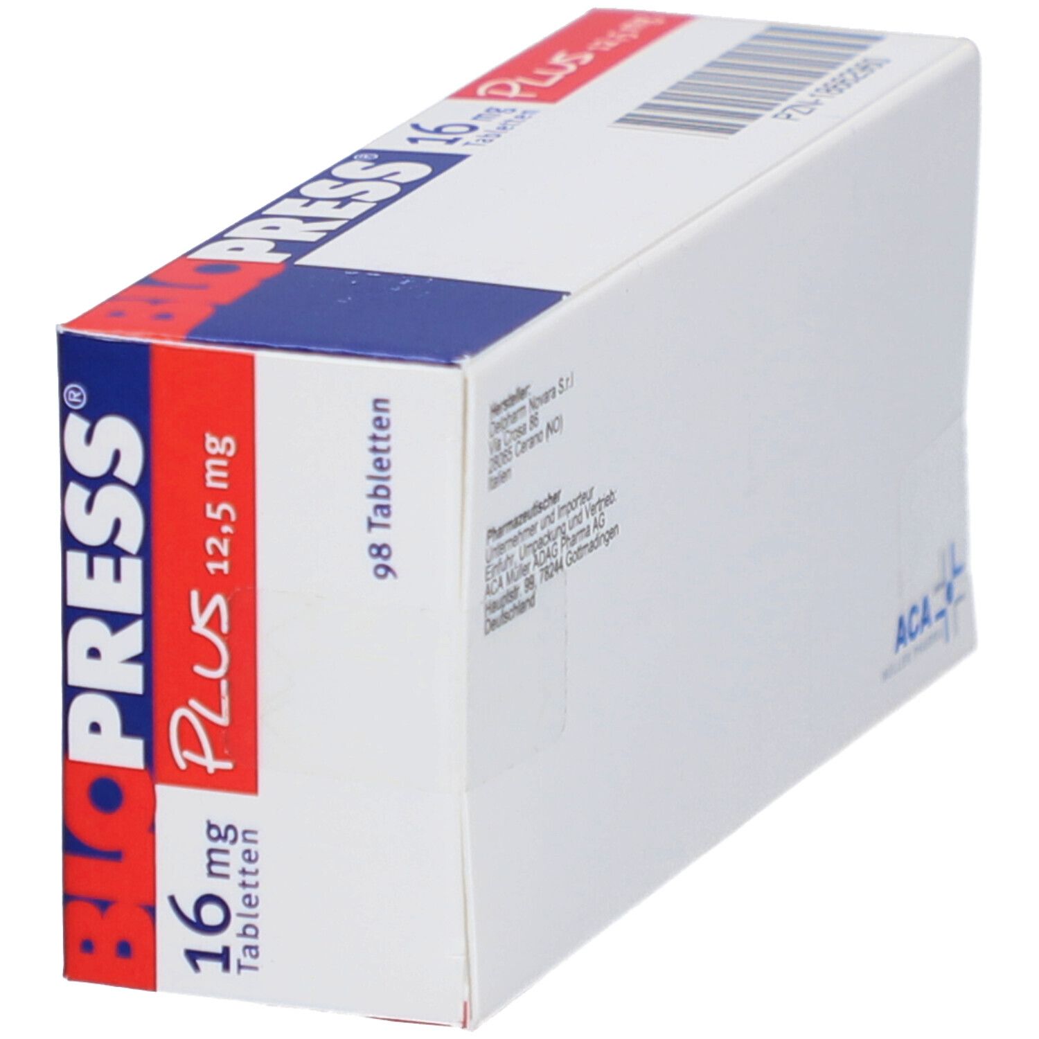 Blopress 16 mg Plus 12,5 mg Tabletten. Schachtel schräg. Produktname und Dosierung sichtbar. 98 Tabletten.