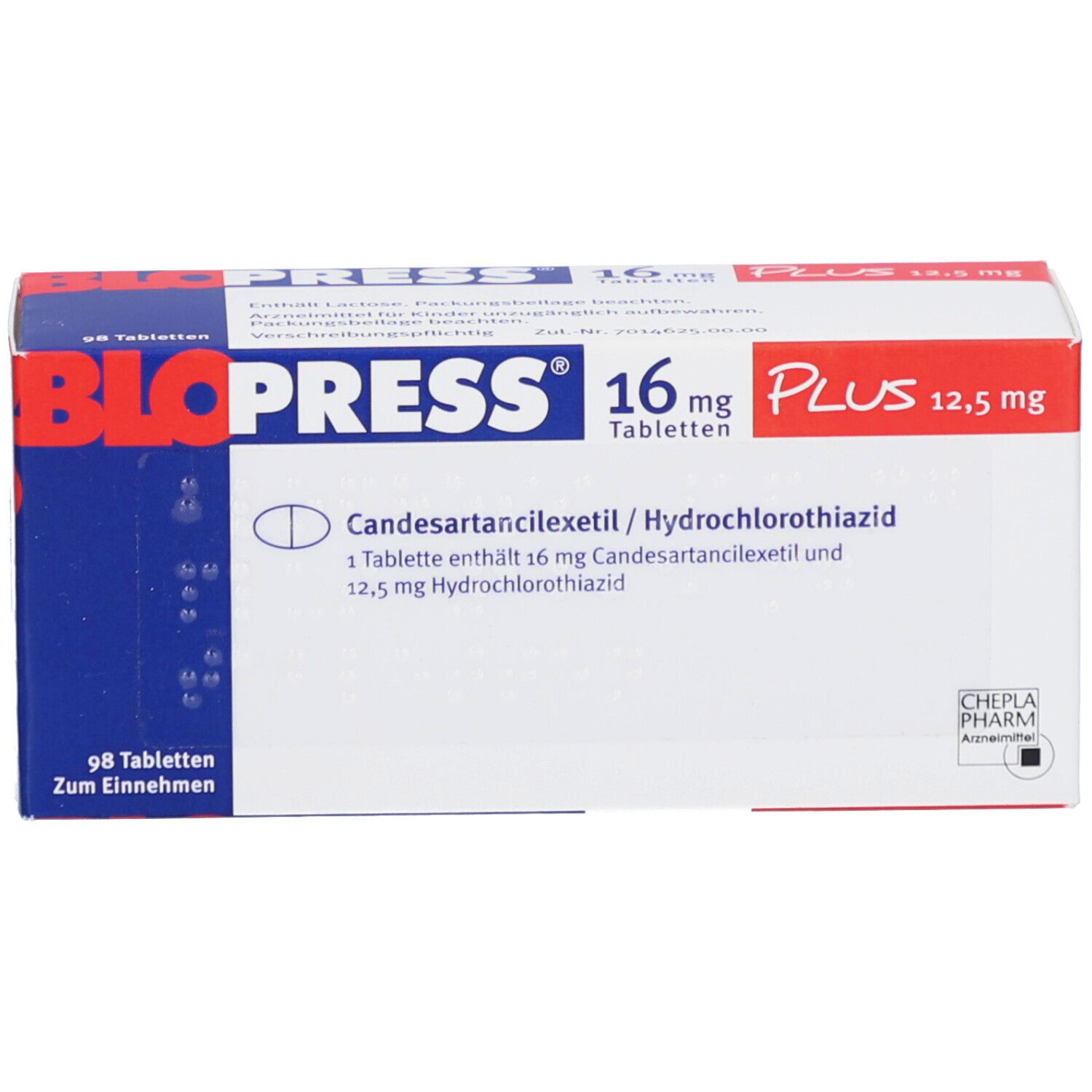 Blopress 16 mg Plus 12,5 mg Tabletten. Weiße Schachtel mit Produktnamen, Dosierung und Inhaltsstoffen. 98 Tabletten.