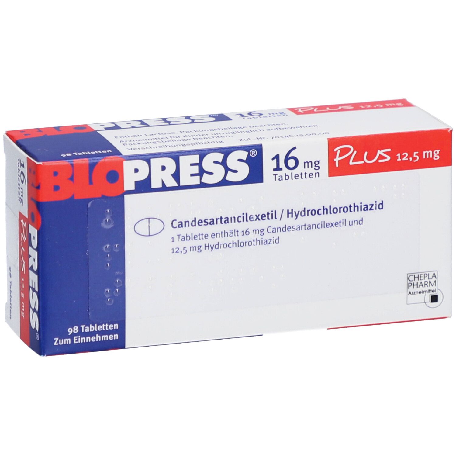 Blopress 16 mg Plus 12,5 mg Tabletten. Weiße Schachtel mit Produktnamen, Dosierung und Inhaltsstoffen. 98 Tabletten.