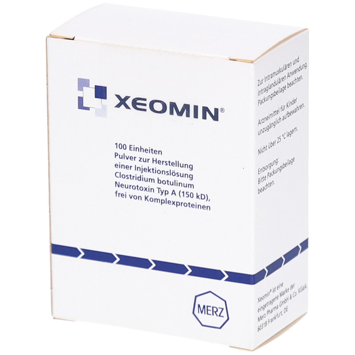 Weiße Schachtel mit XEOMIN-Logo und Text. Enthält 100 Einheiten Pulver zur Herstellung einer Injektionslösung. MERZ-Logo.