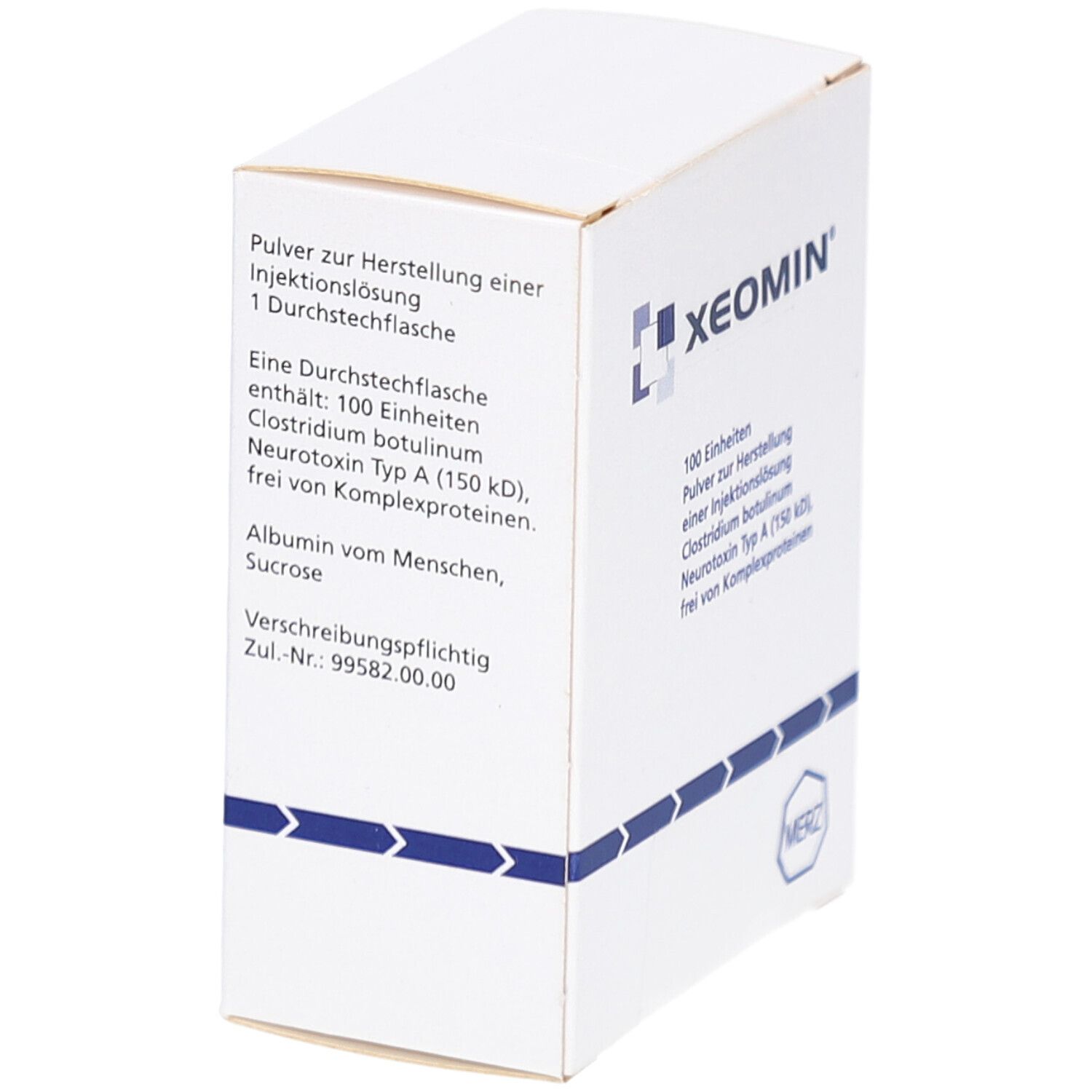 Weiße Schachtel mit XEOMIN-Logo und Text. Enthält 1 Durchstechflasche mit 100 Einheiten. MERZ-Logo. Blaue Pfeile.