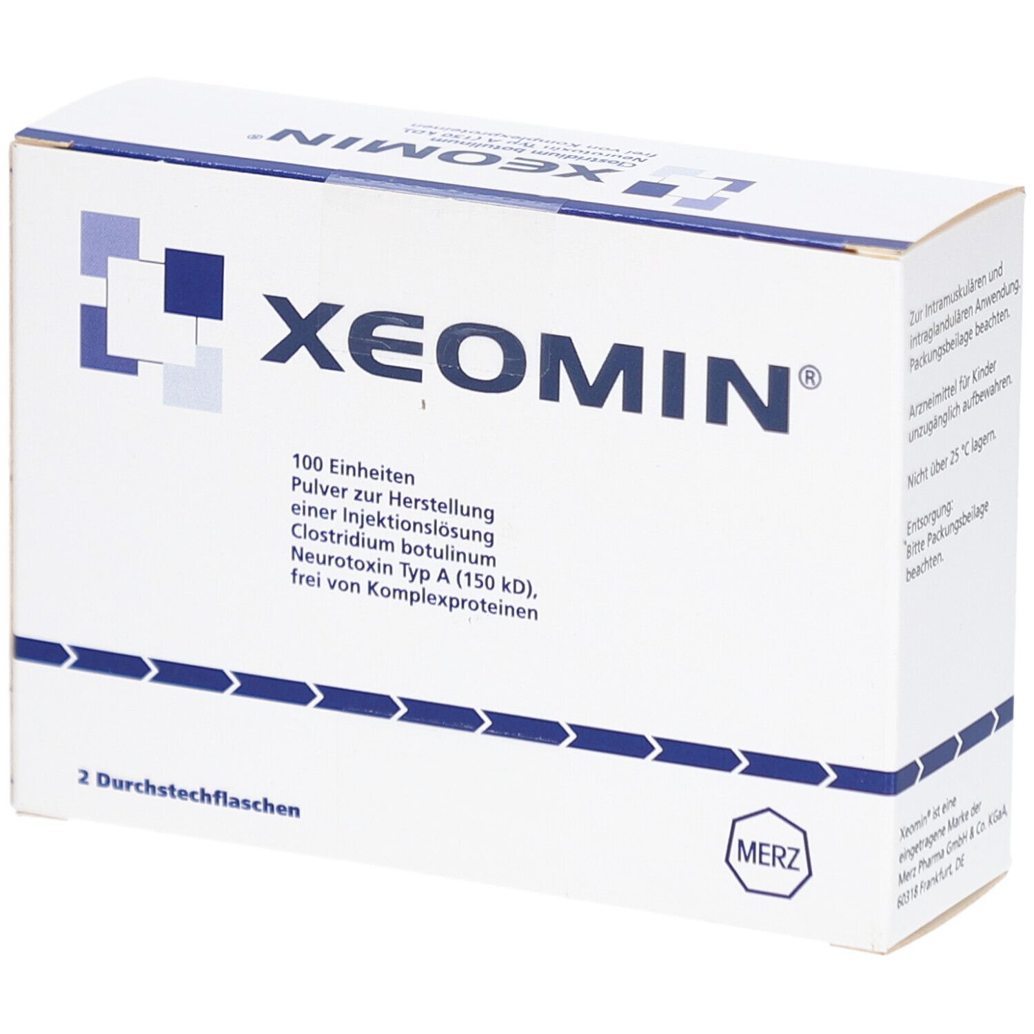 Weiße Schachtel mit XEOMIN-Logo und Produktinformationen. Enthält 2 Durchstechflaschen. Blaue Akzente.