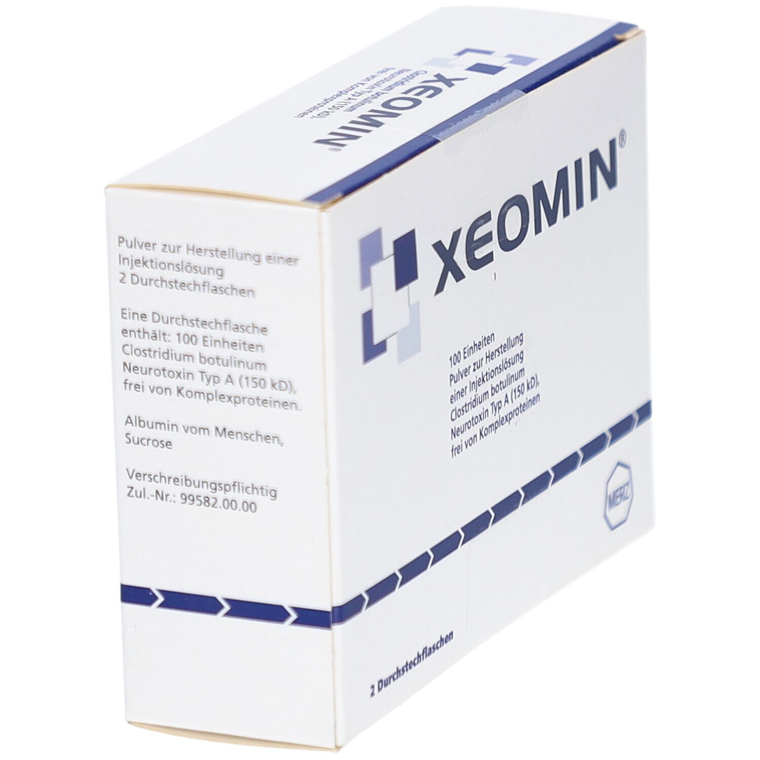Schachtel XEOMIN, weiß mit blauem Logo. Enthält Produktinformationen. Schräge Ansicht.