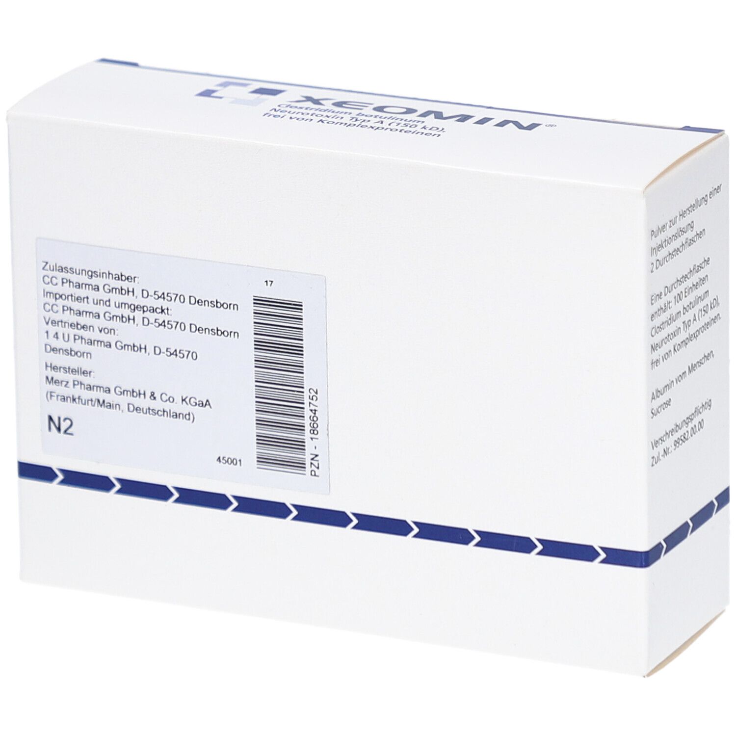 Rückseite der XEOMIN-Schachtel. Enthält Informationen, Barcode und Herstellerdetails. Weiß mit blauen Akzenten.