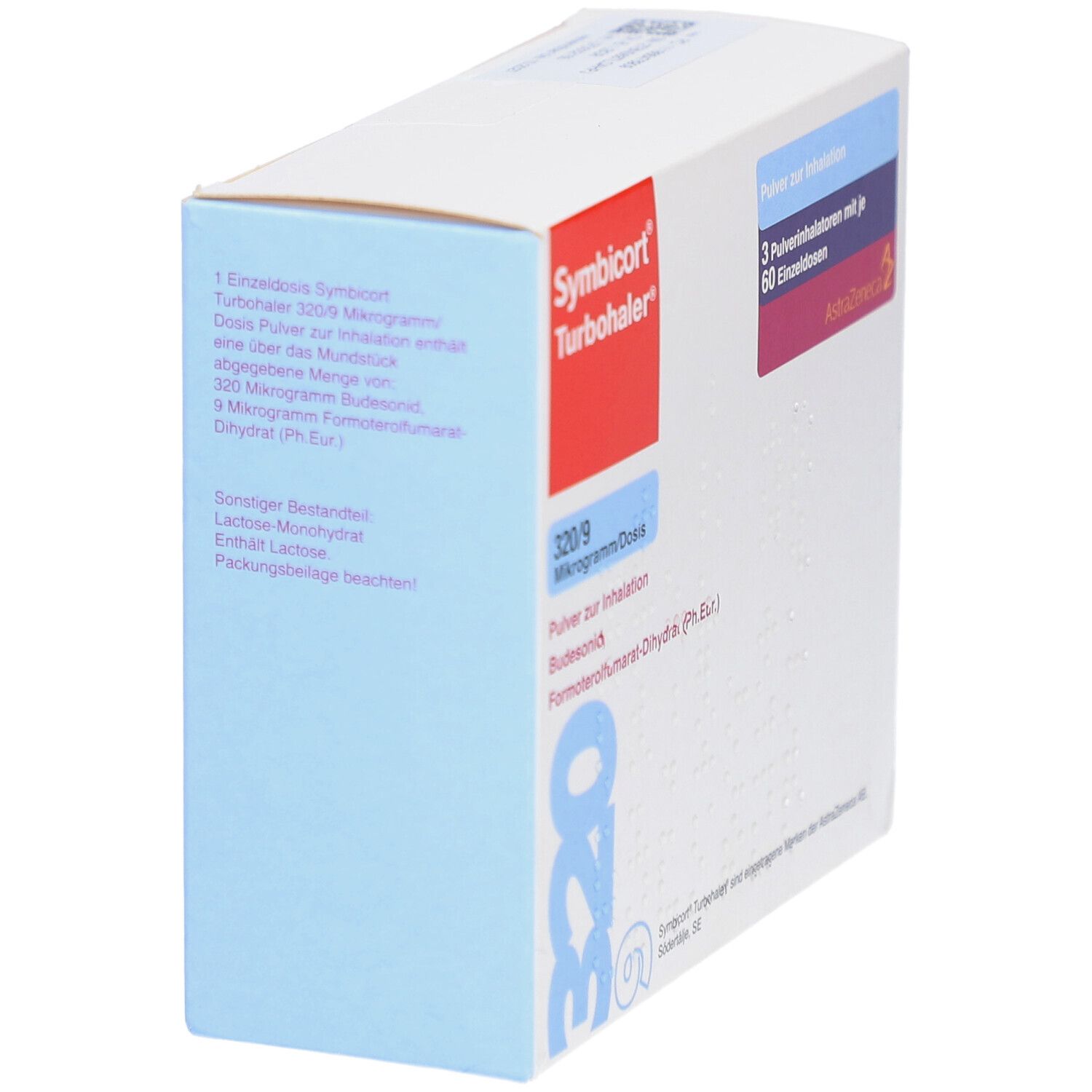 Weiße Schachtel, schräg von der Seite. Aufschrift: Symbicort Turbohaler, 320/9 Mikrogramm/Dosis, 3 Inhalatoren mit 60 Einzeldosen.