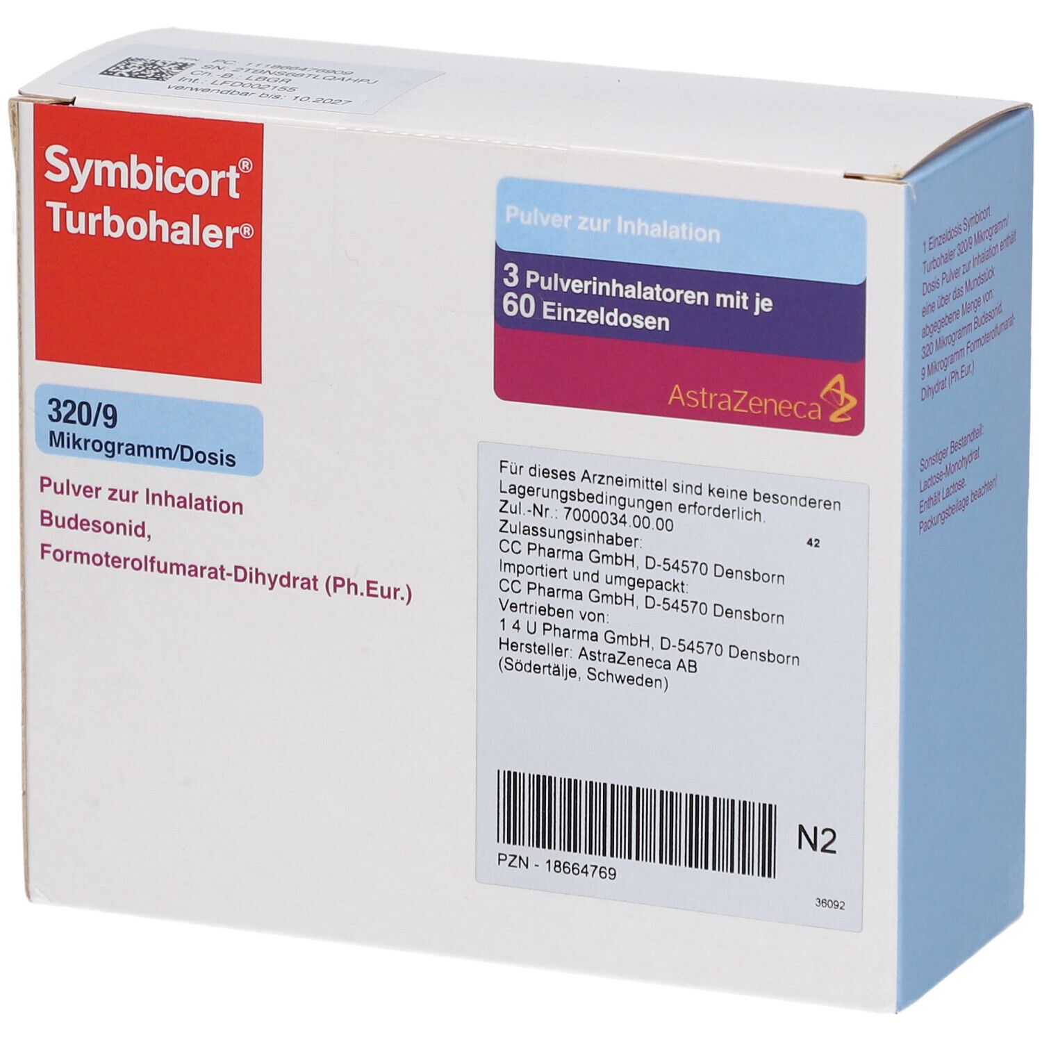 Weiße Schachtel mit rotem und blauem Logo. Aufschrift: Symbicort Turbohaler, 320/9 Mikrogramm/Dosis, 3 Inhalatoren mit 60 Einzeldosen, AstraZeneca Logo.