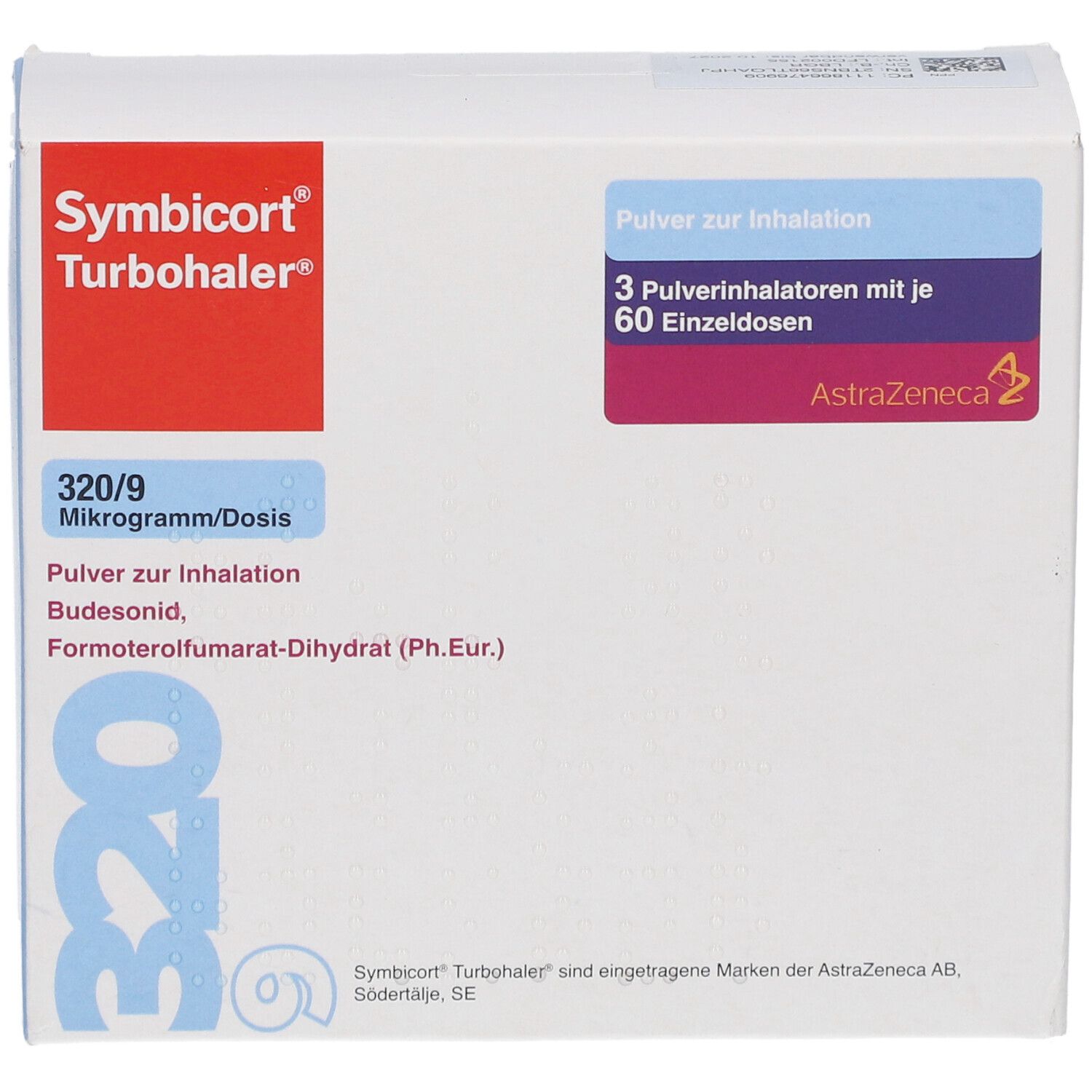 Weiße Schachtel mit rotem und blauem Logo. Aufschrift: Symbicort Turbohaler, 320/9 Mikrogramm/Dosis, 3 Inhalatoren mit 60 Einzeldosen, AstraZeneca Logo.