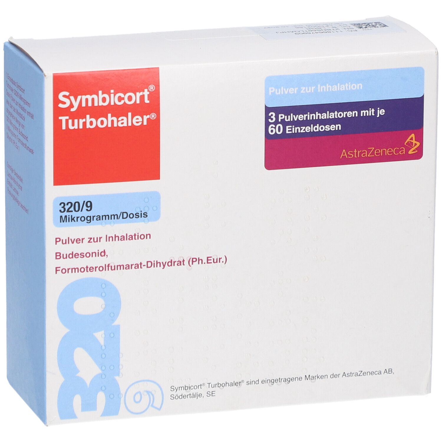 Weiße Schachtel mit rotem und blauem Logo. Aufschrift: Symbicort Turbohaler, 320/9 Mikrogramm/Dosis, 3 Inhalatoren mit 60 Einzeldosen, AstraZeneca Logo.