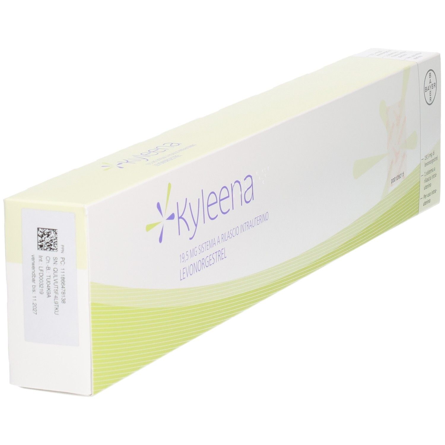 KYLEENA 19,5 mg Intrauterinsystem mit Levonorgestrel, verpackt in einer Faltschachtel.