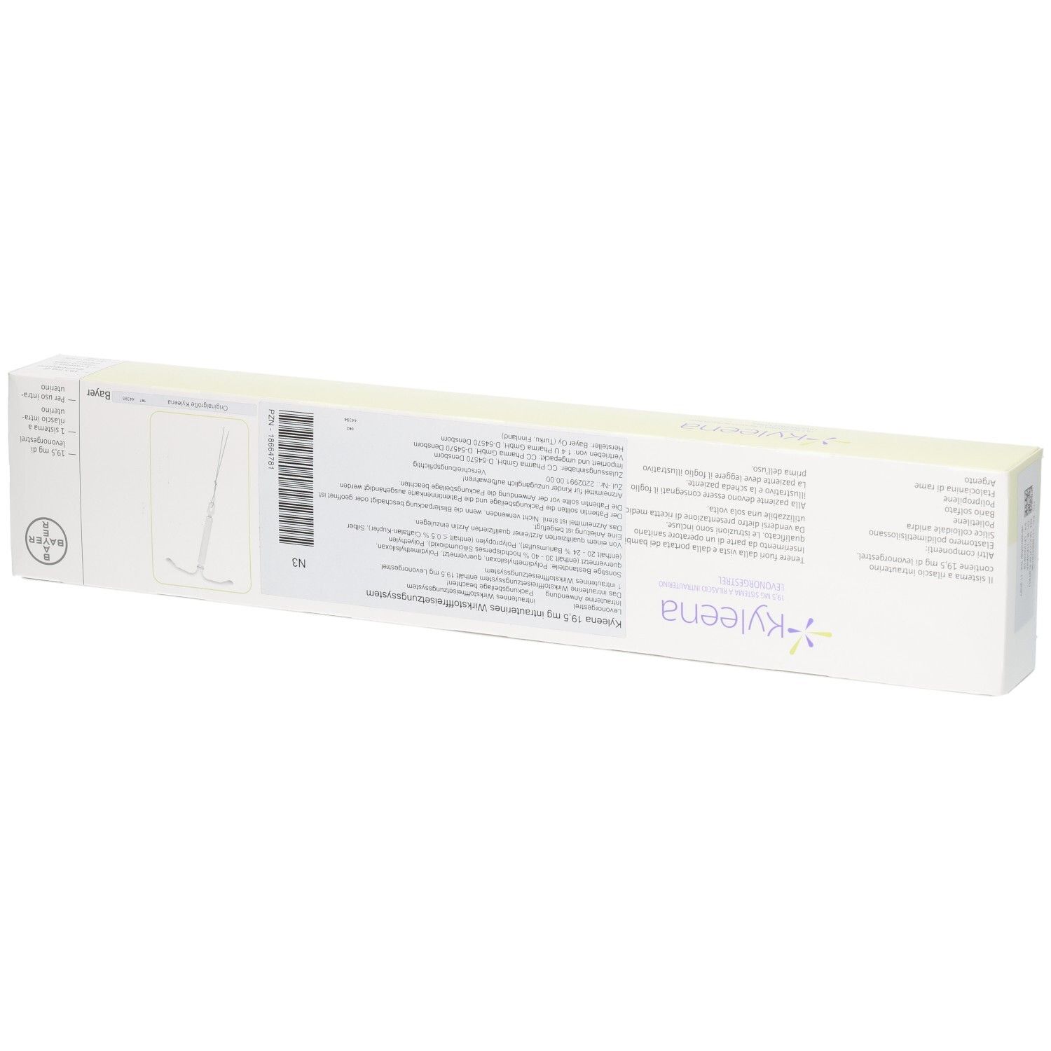 Rückseite der KYLEENA 19,5 mg Intrauterinsystem-Verpackung mit Produktabbildung und Text.