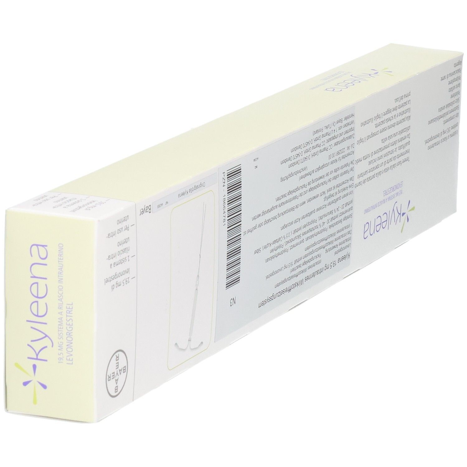KYLEENA 19,5 mg Intrauterinsystem-Verpackung mit Darstellung des T-förmigen Systems.