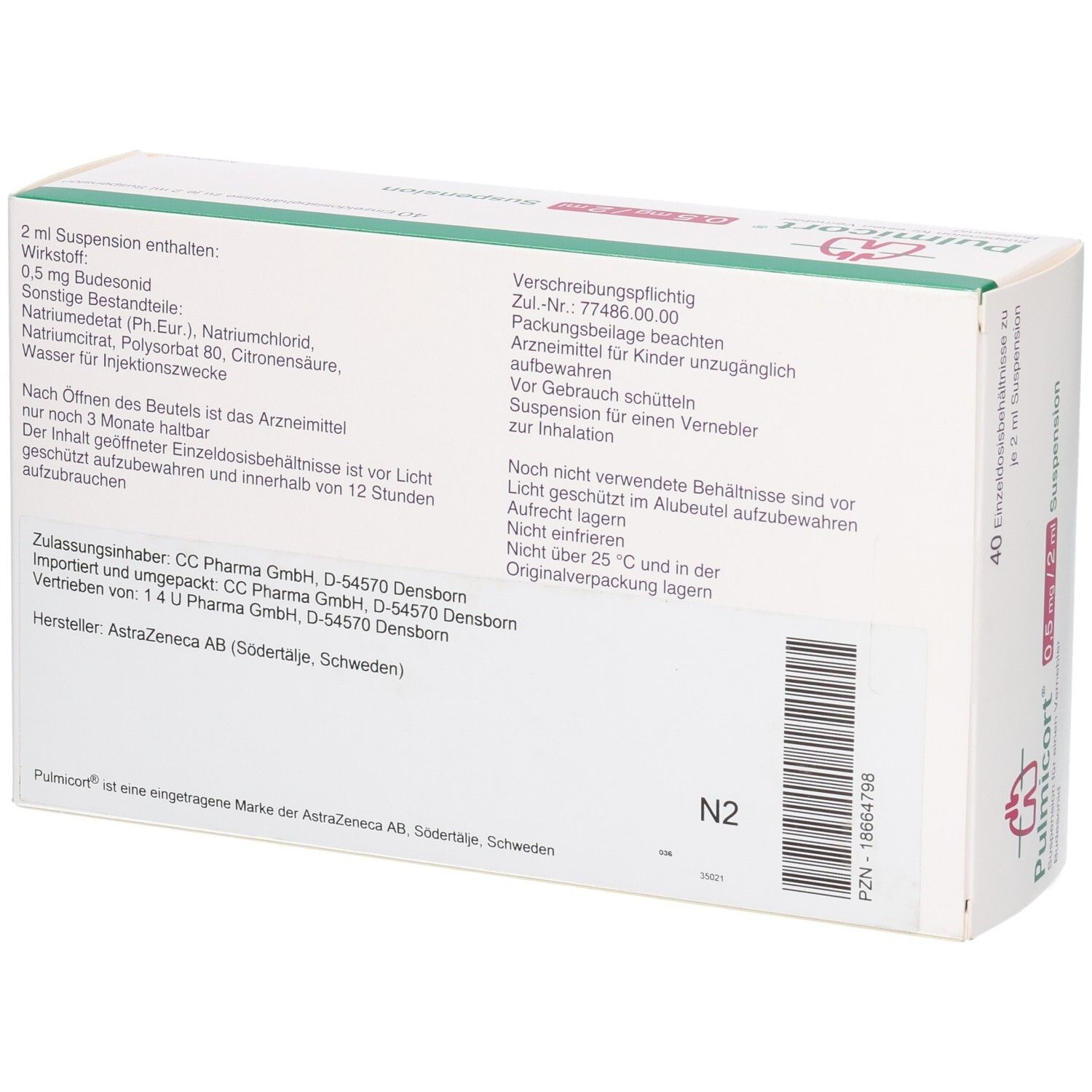 Rückseite der PULMICORT 0,5 mg/2 ml Suspension Verpackung mit Inhaltsstoffen und Anwendungshinweisen.