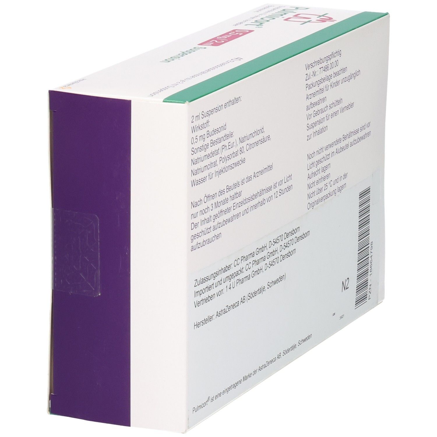 Seitenansicht der PULMICORT 0,5 mg/2 ml Suspension Verpackung mit 40 Einzeldosisbehältnissen.