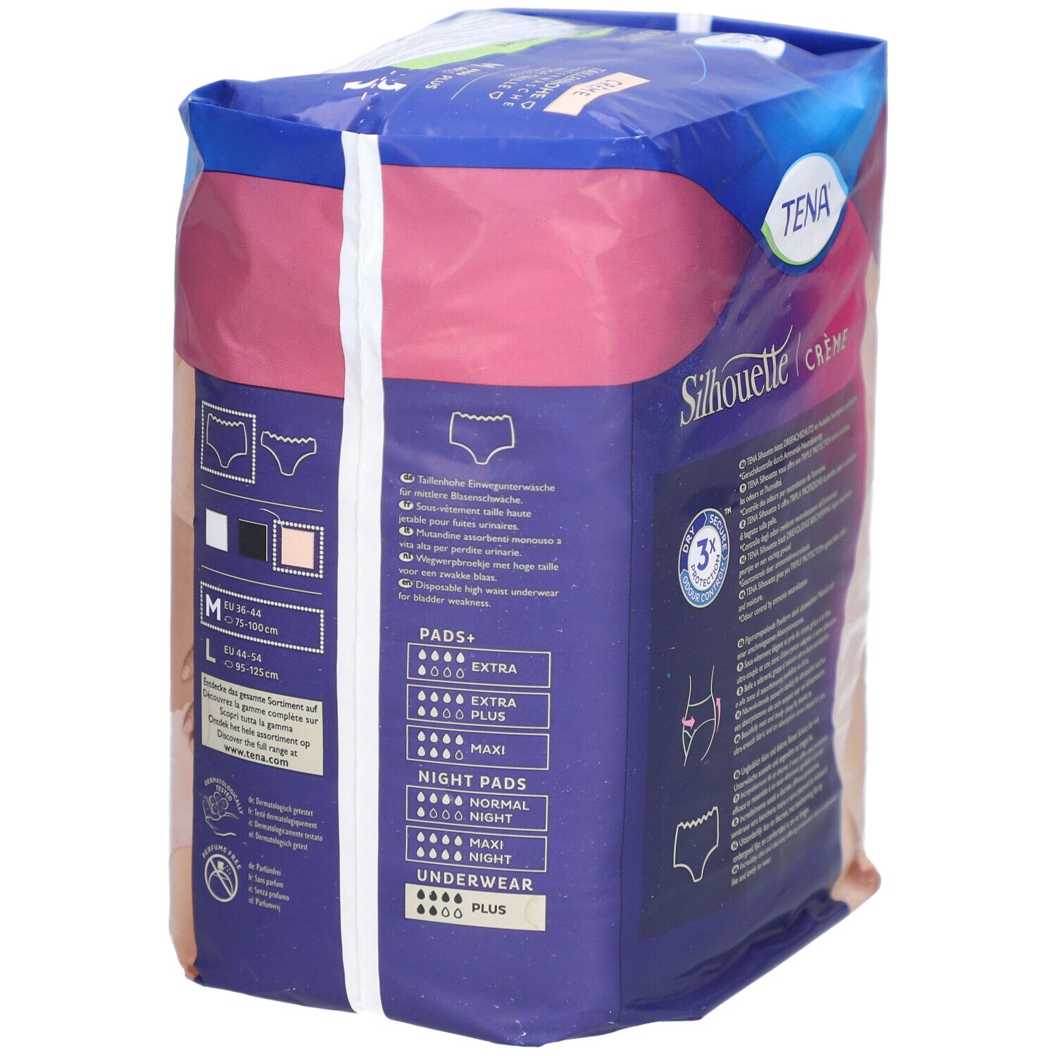 Rückseite der TENA Silhouette Taillenhohe Unterwäsche Crème M Plus Verpackung. Größenangaben und Produktinformationen.