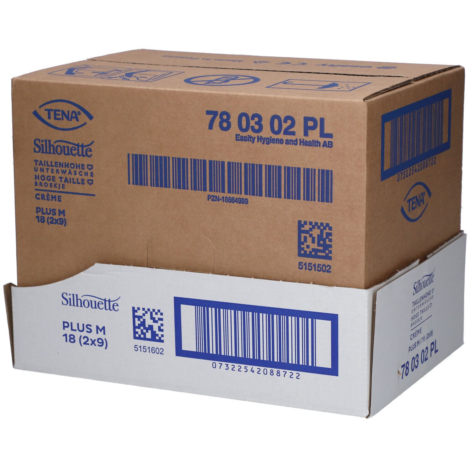 Karton mit TENA Silhouette Plus M Inkontinenz Pants. Produktbezeichnung und Barcodes sichtbar.