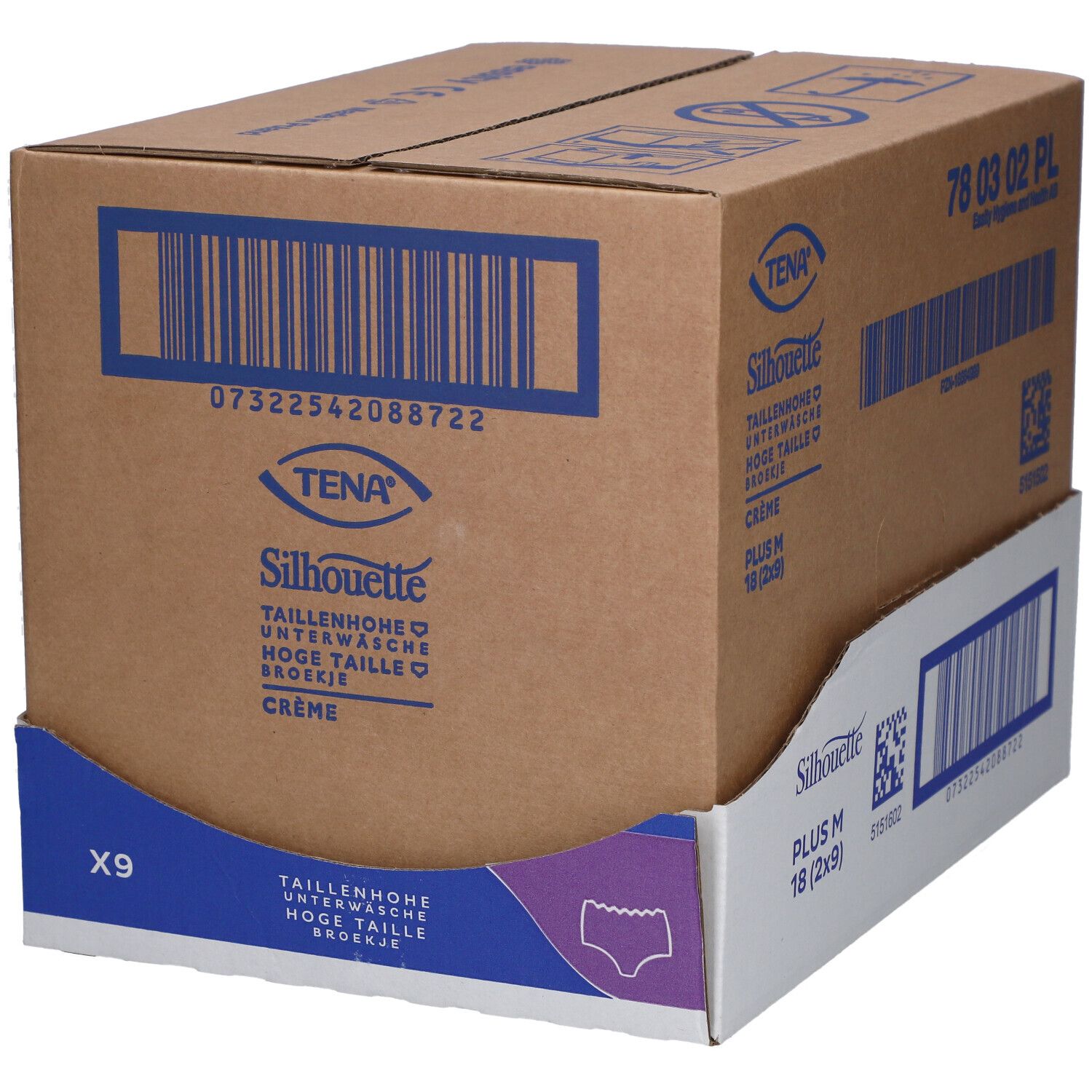 Karton mit TENA Silhouette Plus M Inkontinenz Pants. Produktbezeichnung und Barcodes sichtbar.