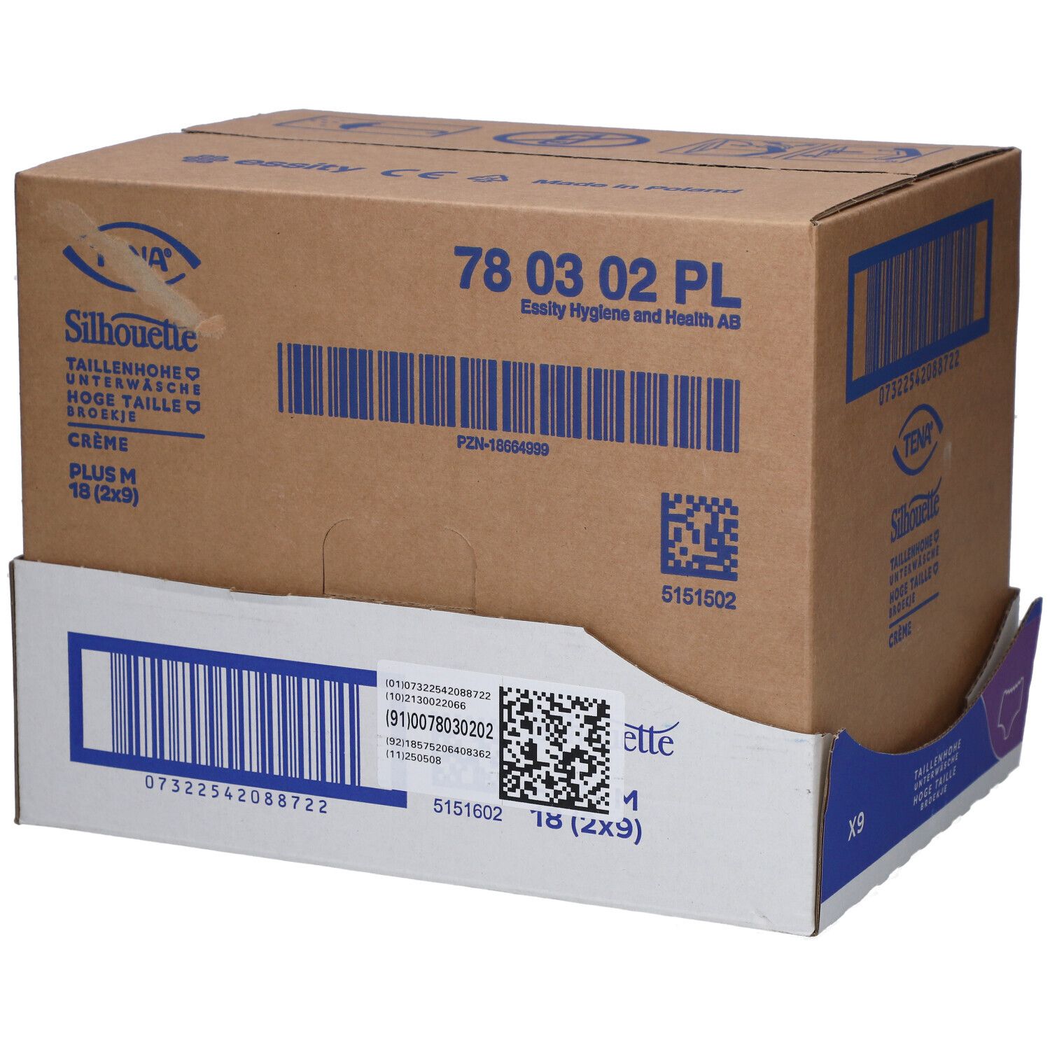 Karton mit TENA Silhouette Plus M Inkontinenz Pants. Produktbezeichnung und Barcodes sichtbar.