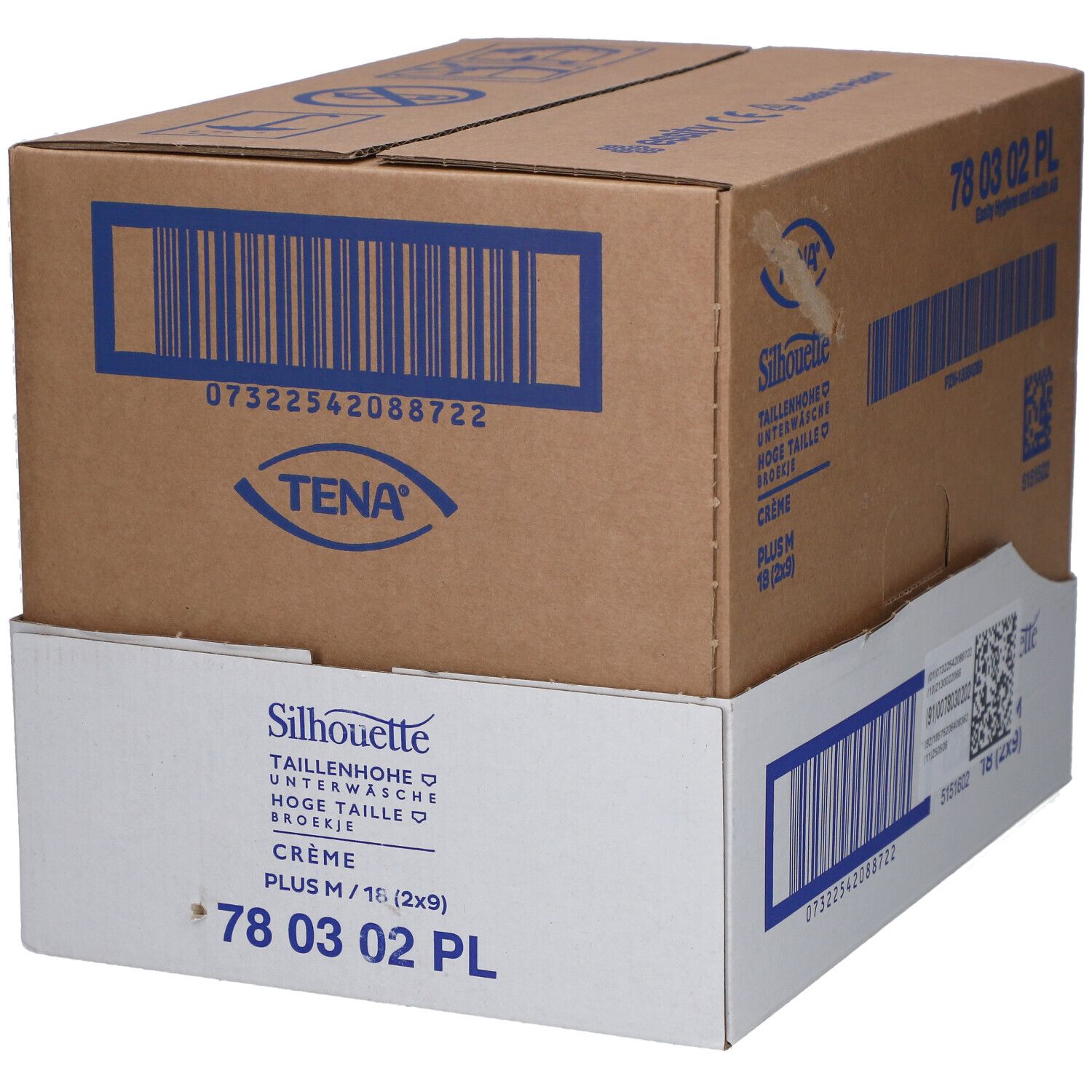 Karton mit TENA Silhouette Plus M Inkontinenz Pants. Produktbezeichnung und Barcodes sichtbar.
