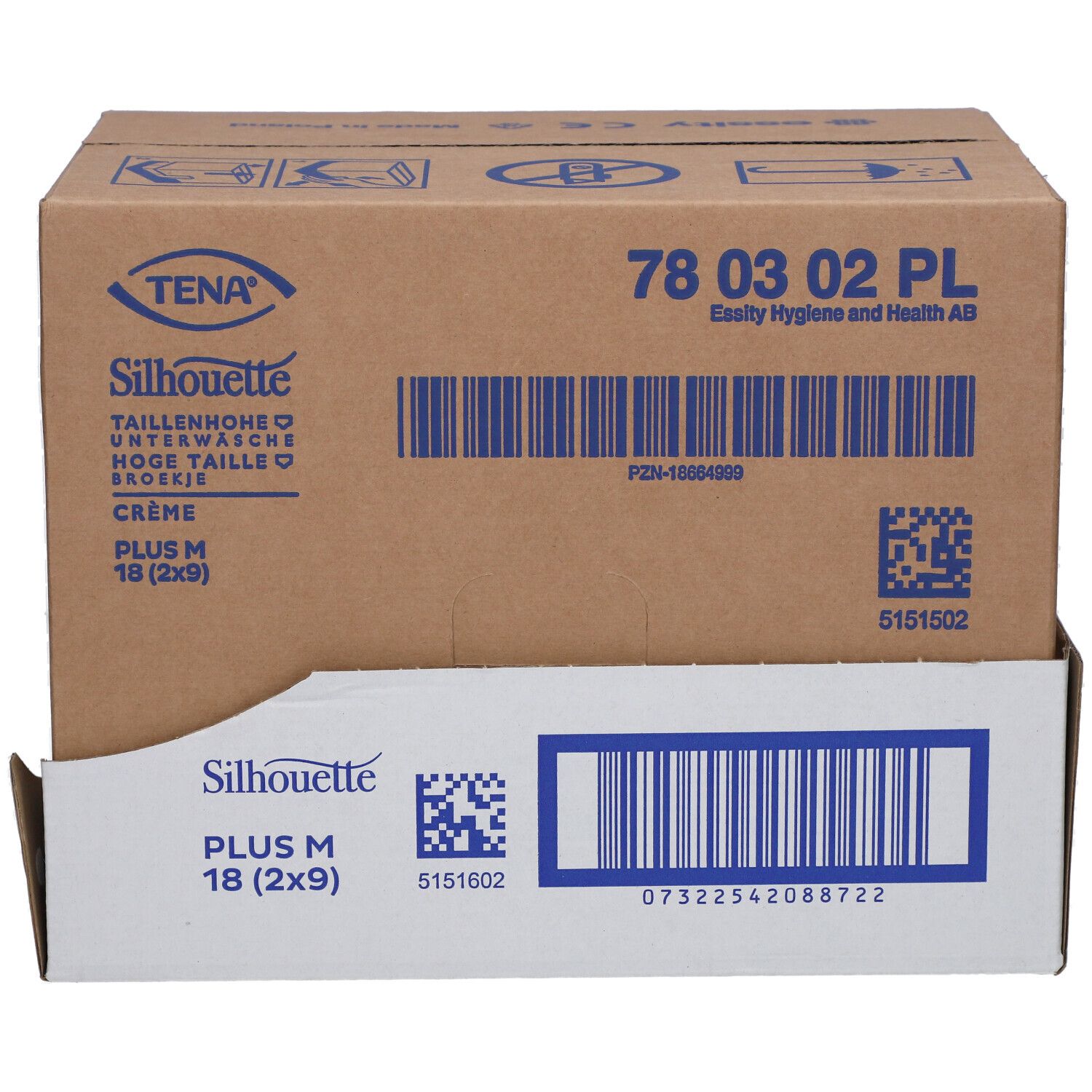 Karton mit TENA Silhouette Plus M Inkontinenz Pants. Produktbezeichnung und Barcodes sichtbar.
