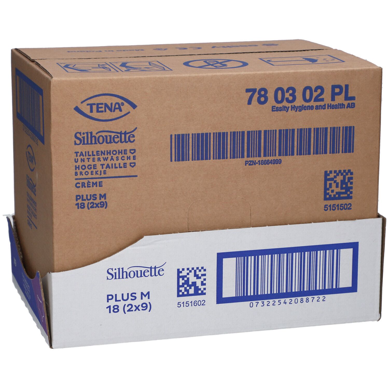 Karton mit TENA Silhouette Plus M Inkontinenz Pants. Produktbezeichnung und Barcodes sichtbar.