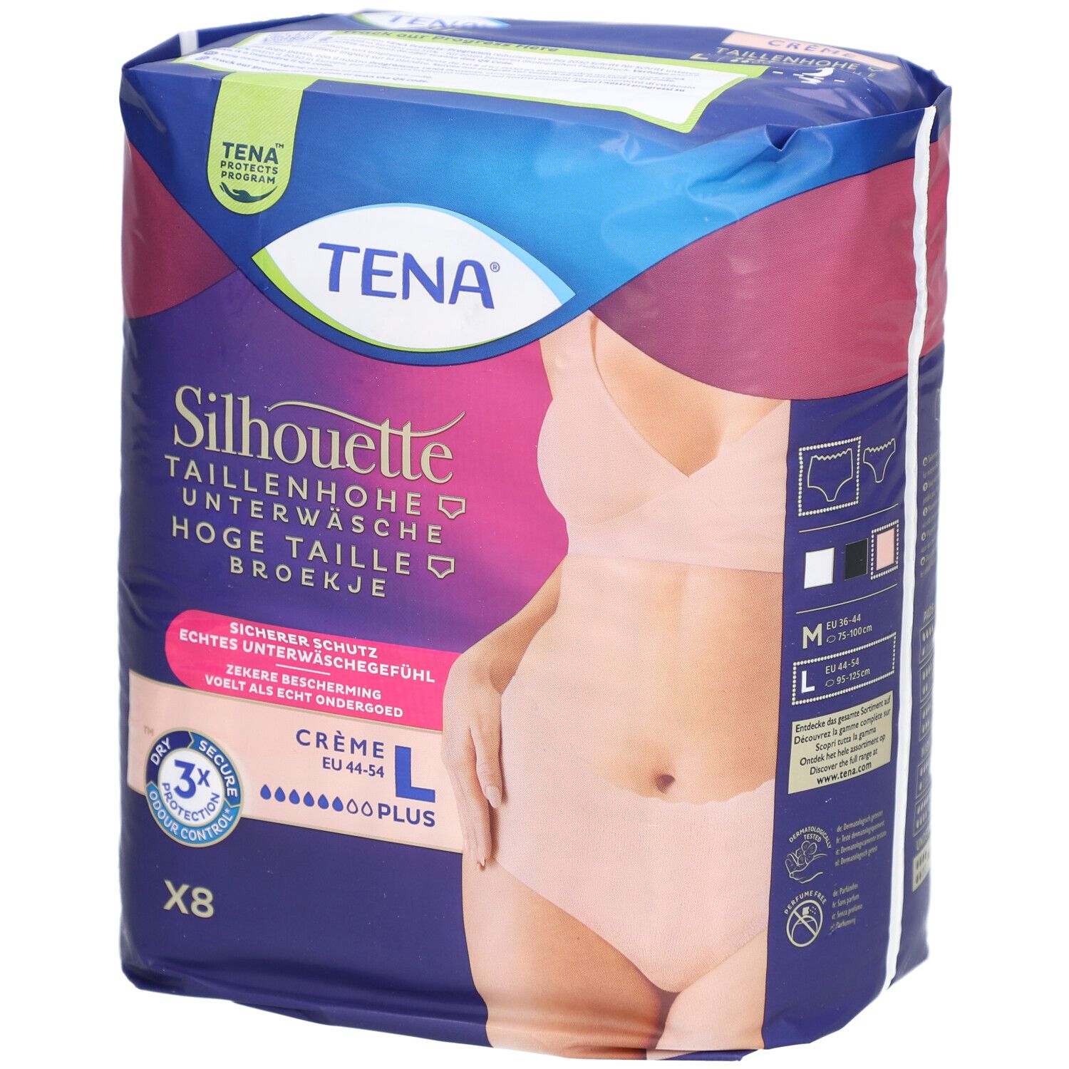 TENA Silhouette Plus Inkontinenzunterwäsche, Größe L, Crème. Verpackung mit 8 Stück. Sichtbare Produktabbildung.