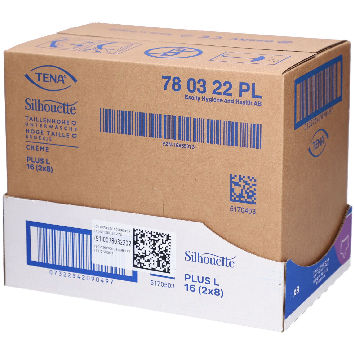 Karton mit TENA Silhouette Plus Inkontinenzunterwäsche. Größe L, Crème. Barcodes und Produktinformationen.