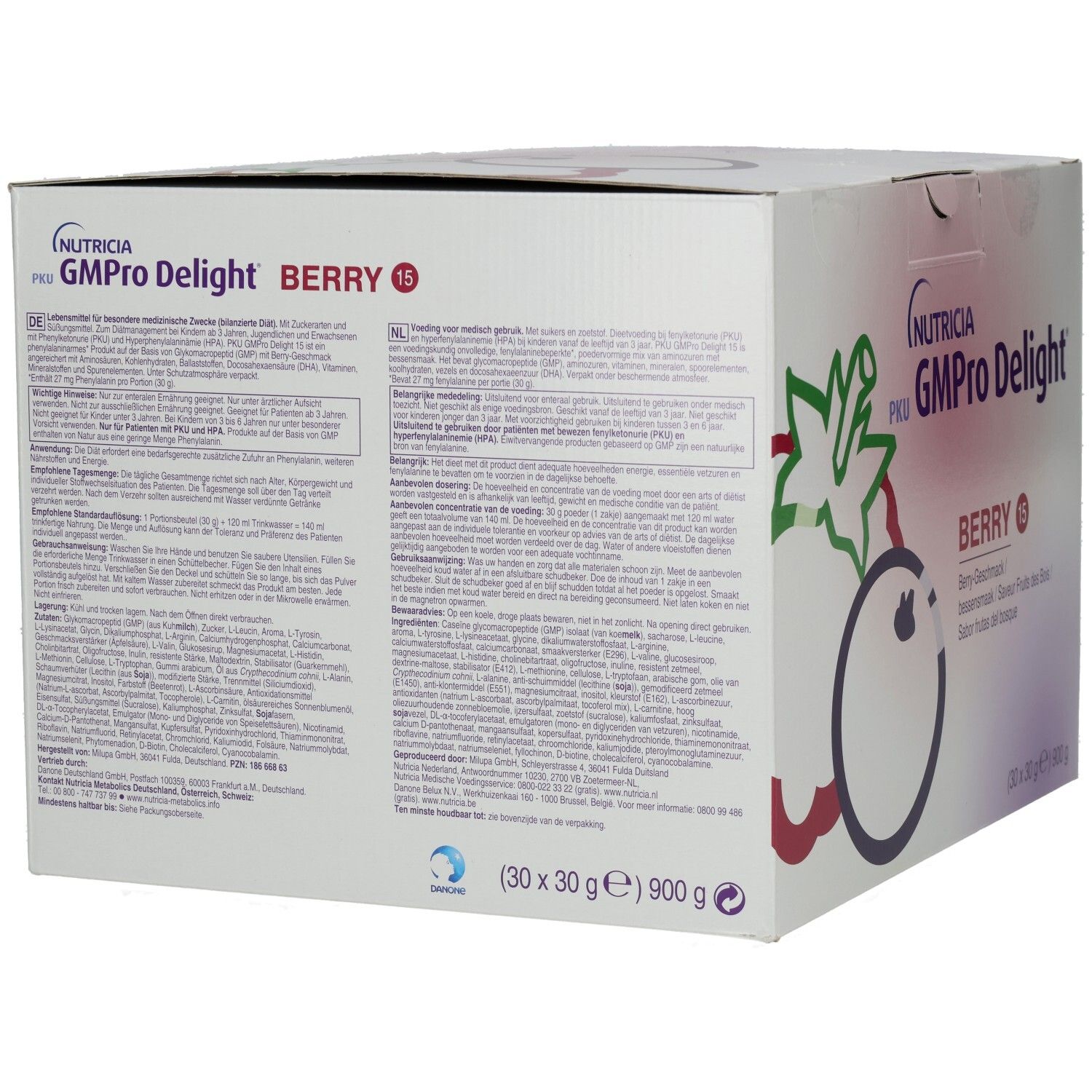 Rückseite der Kartonverpackung NUTRICIA PKU GMPro Delight Berry 15. Text in mehreren Sprachen. Logo.
