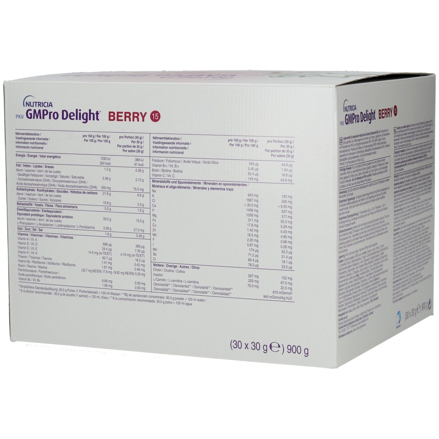 Seite der Kartonverpackung NUTRICIA PKU GMPro Delight Berry 15. Nährwertangaben in Tabellenform.