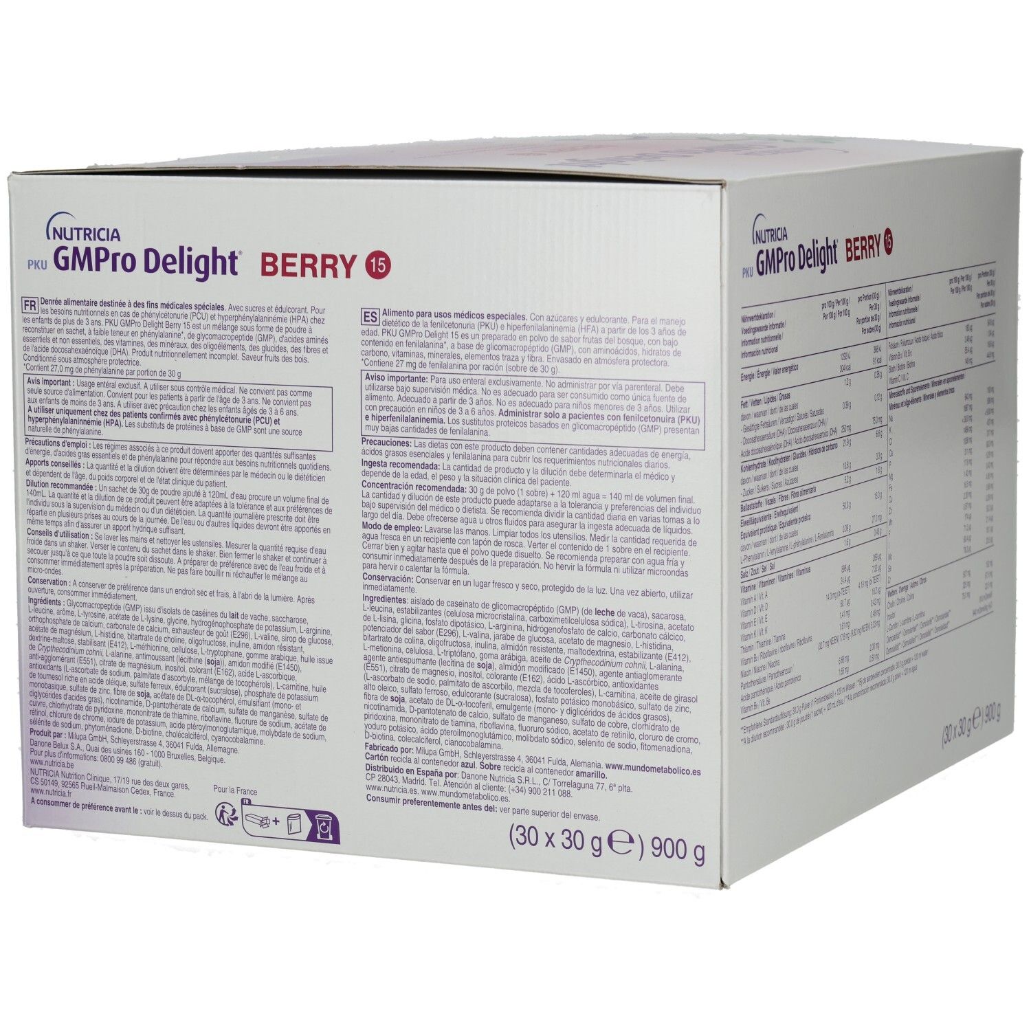 Seite der Kartonverpackung NUTRICIA PKU GMPro Delight Berry 15. Text in mehreren Sprachen. Nährwertangaben.