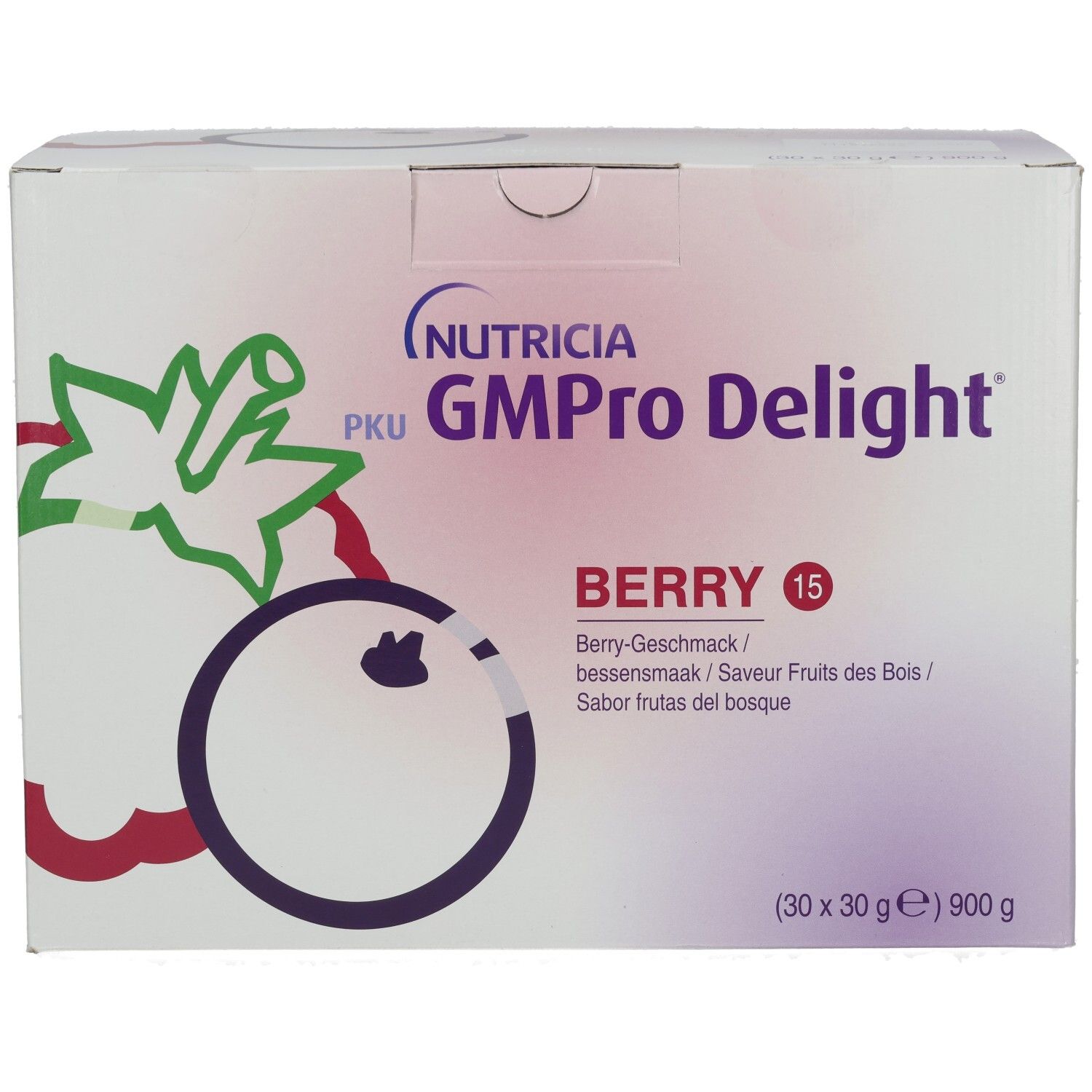 Karton NUTRICIA PKU GMPro Delight Berry 15. Aufschrift: Berry-Geschmack, 900 g. Abbildung einer Beere.